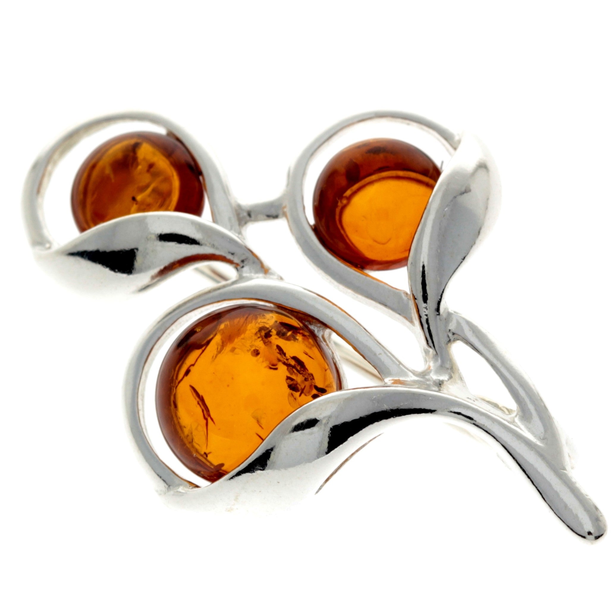 925 Sterling Silver & Genuine Baltic Amber 3 Stones Modern Brooch - GL822