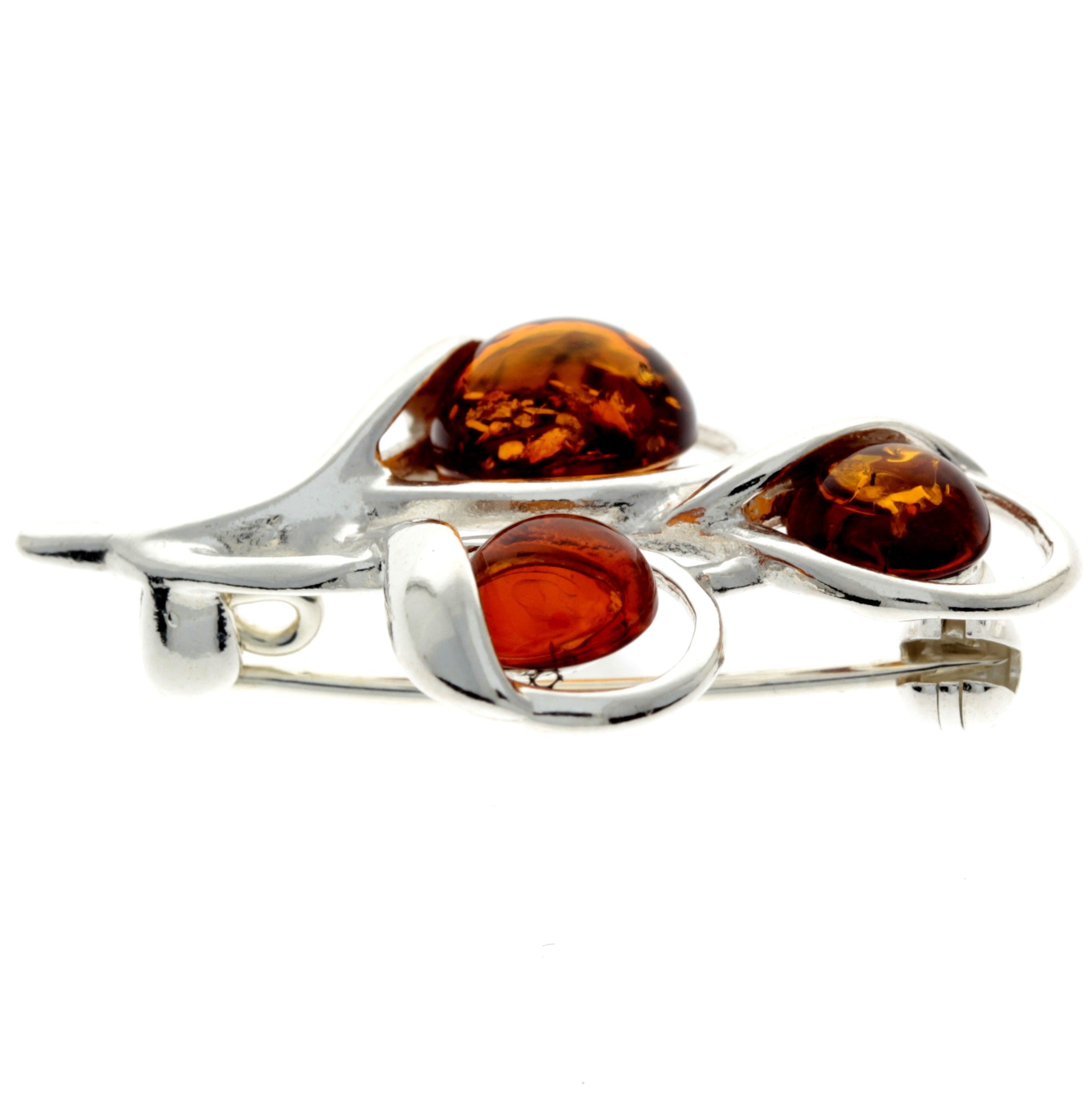 925 Sterling Silver & Genuine Baltic Amber 3 Stones Modern Brooch - GL822