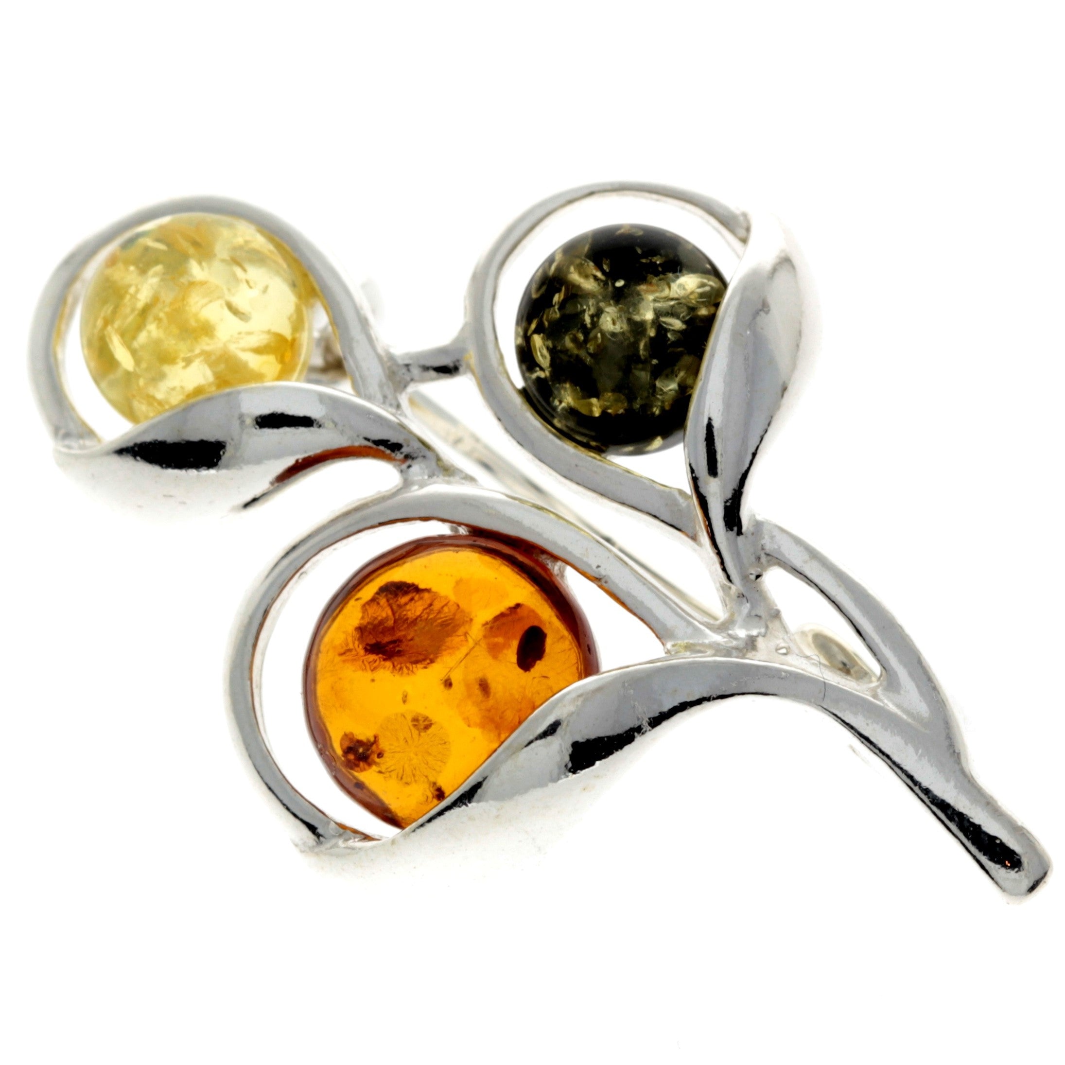 925 Sterling Silver & Genuine Baltic Amber 3 Stones Modern Brooch - GL822