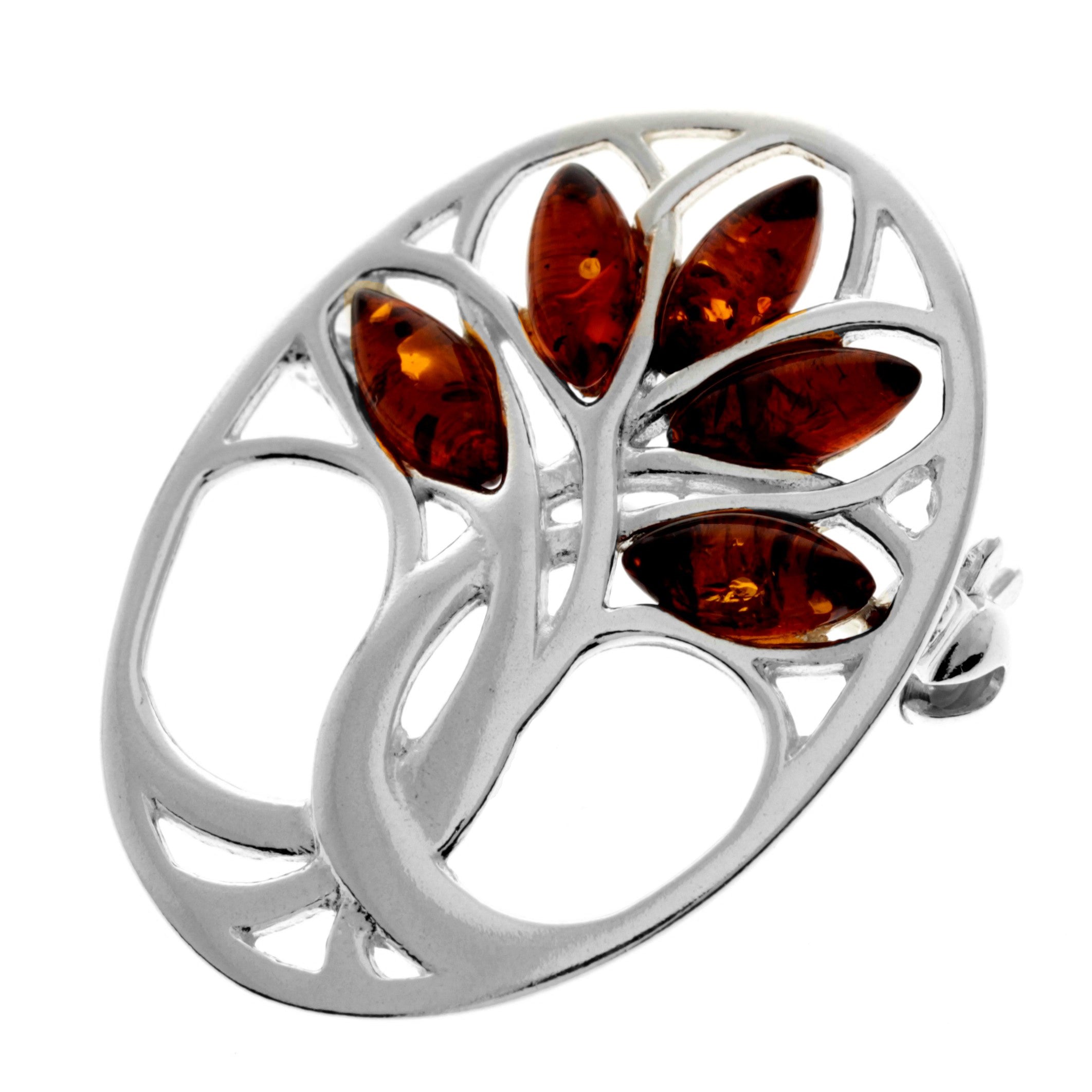 925 Sterling Silver & Genuine Baltic Amber Tree of Life Brooch - GL824