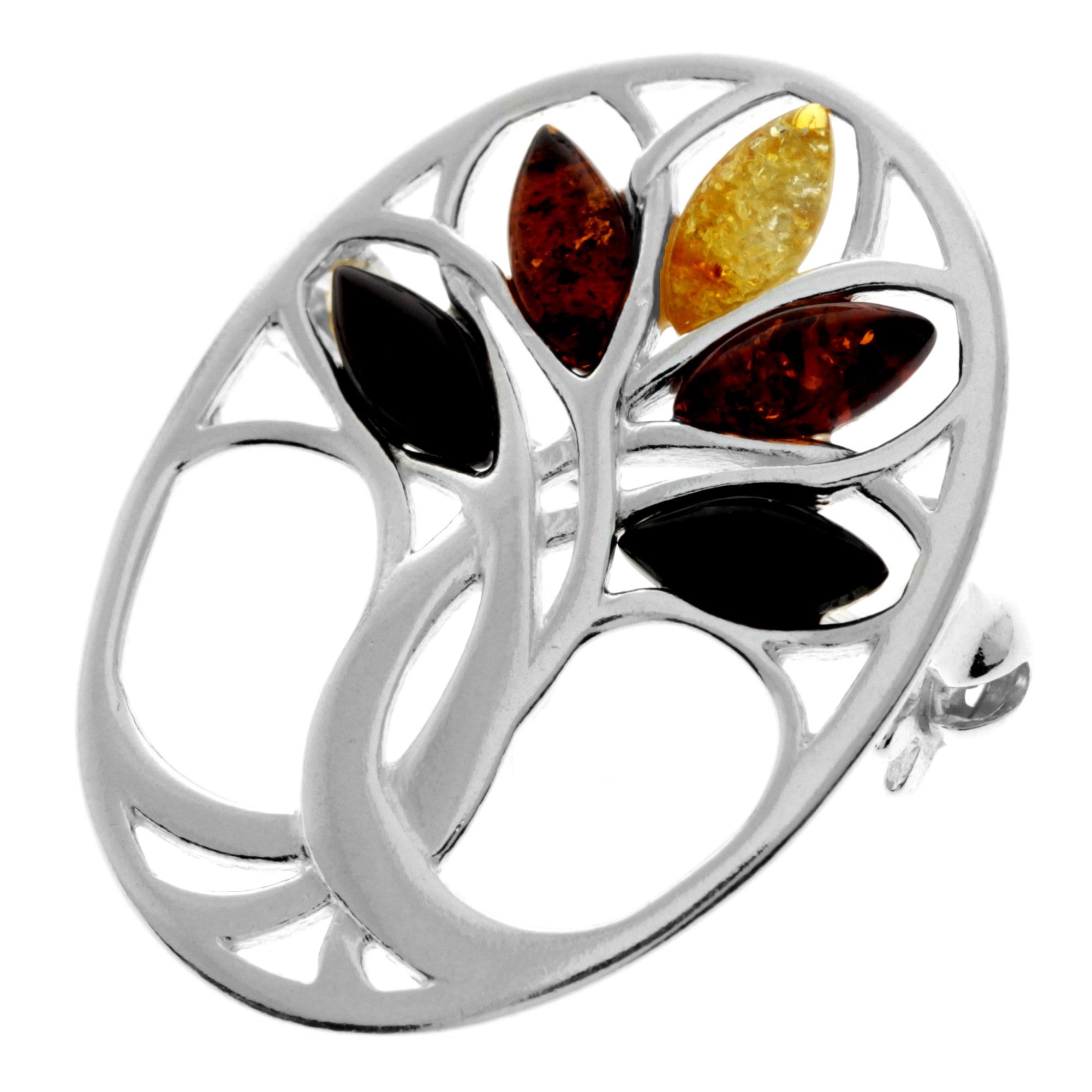 925 Sterling Silver & Genuine Baltic Amber Tree of Life Brooch - GL824