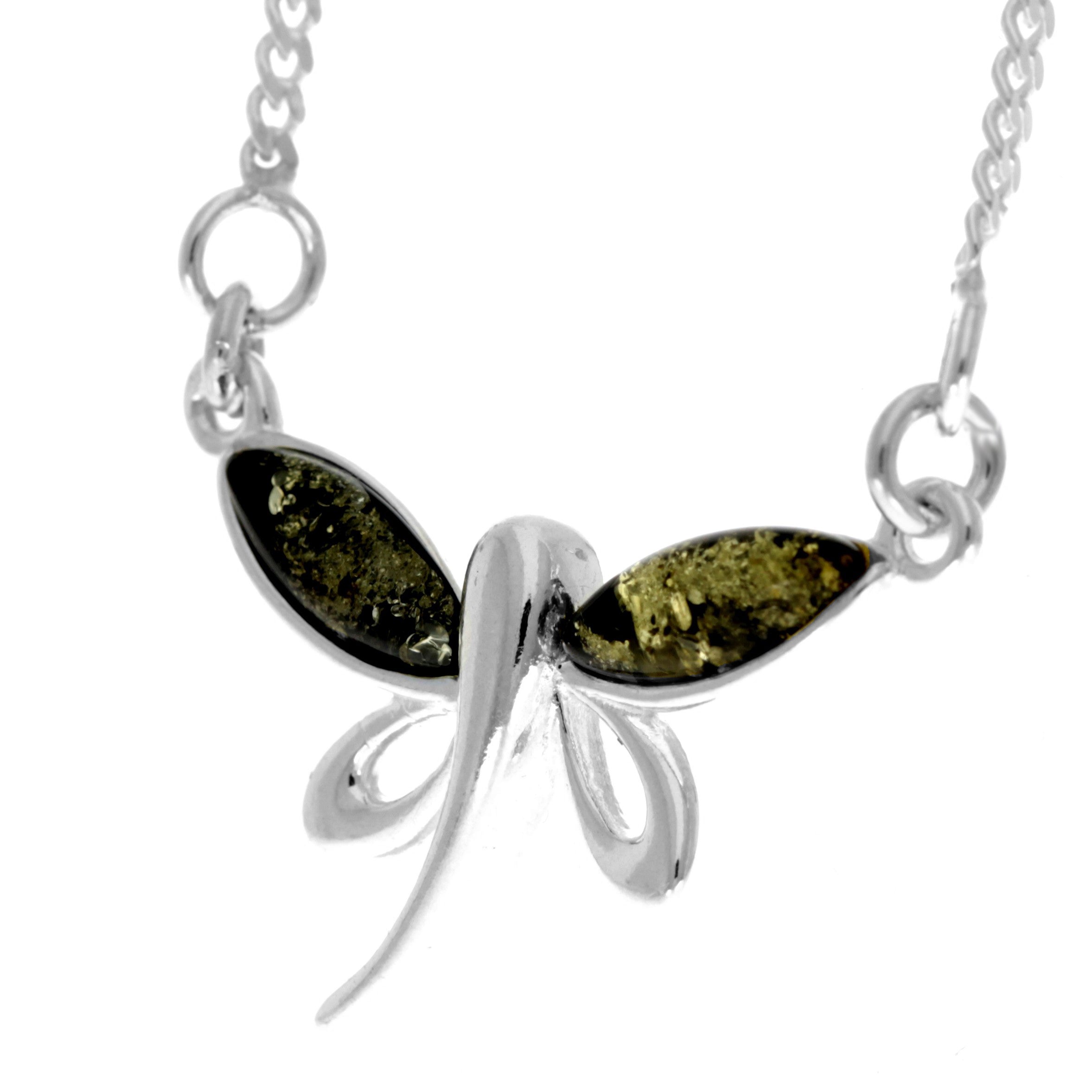 925 Sterling Silver & Genuine Baltic Amber Butterfly Modern Necklace - GL925