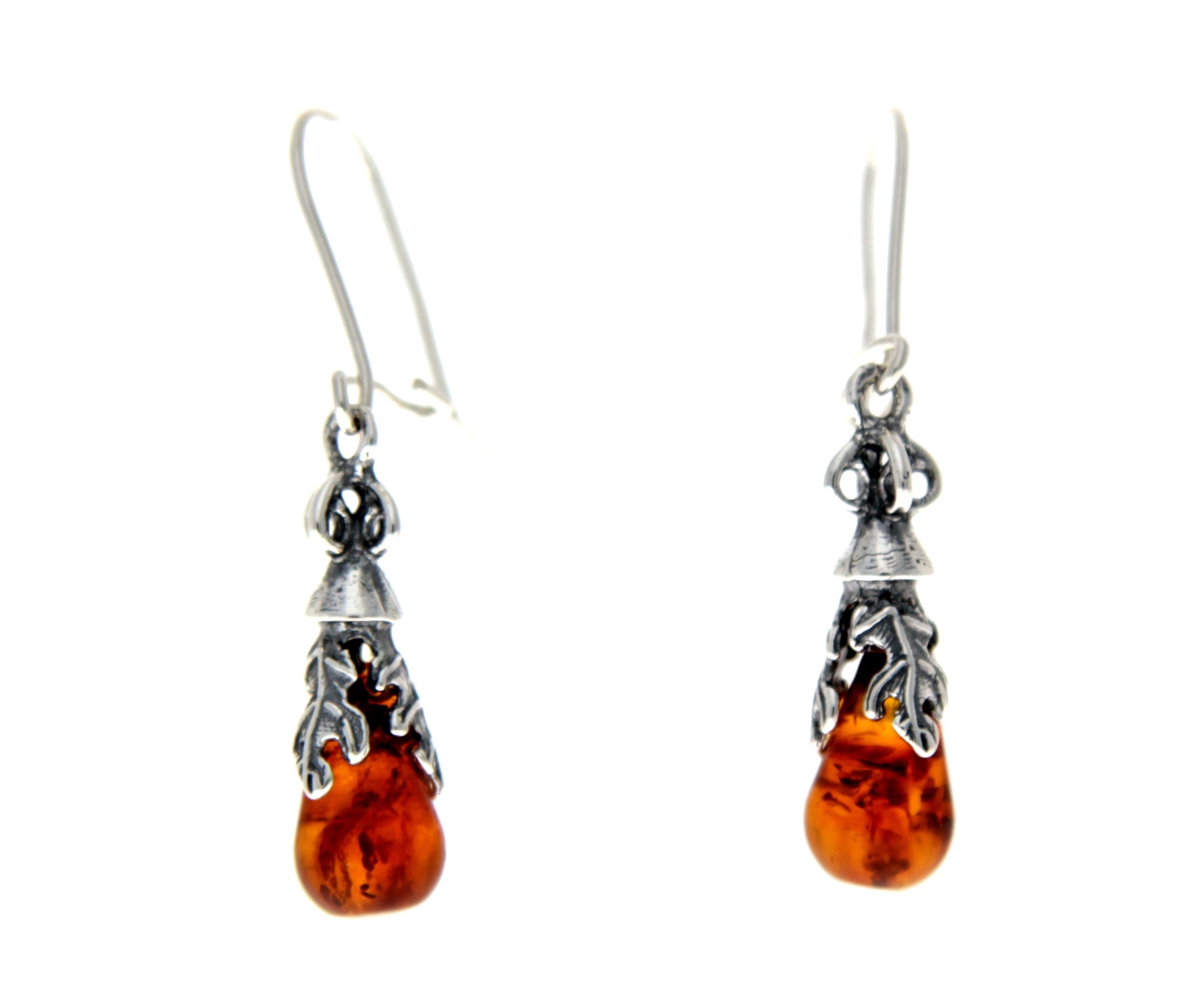 925 Sterling Silver & Genuine Baltic Amber Classic Teardrop Drop Earrings - GU003