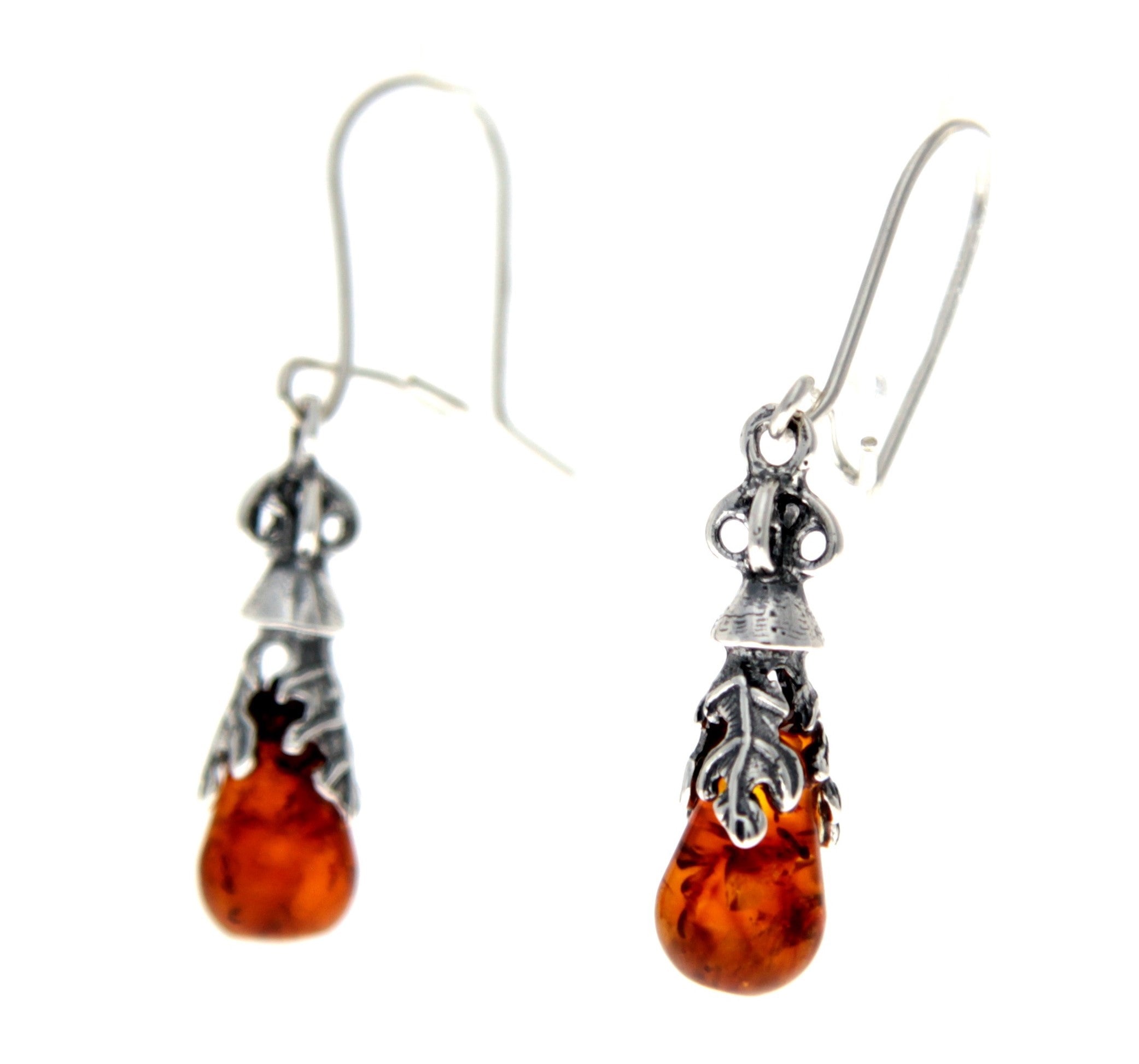 925 Sterling Silver & Genuine Baltic Amber Classic Teardrop Drop Earrings - GU003