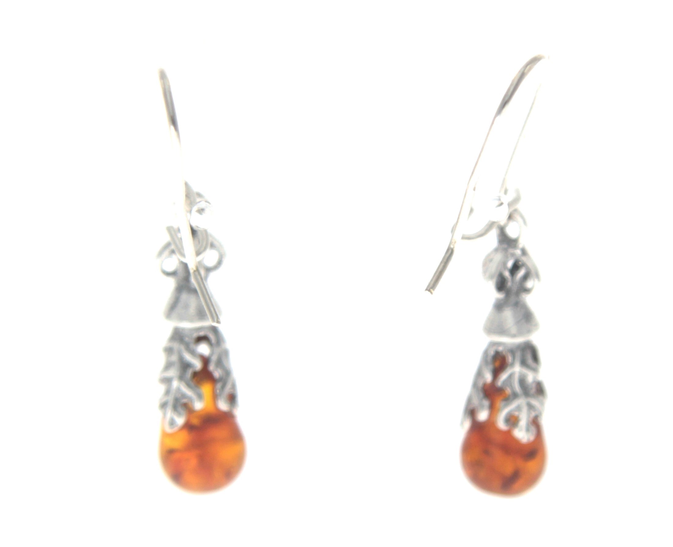 925 Sterling Silver & Genuine Baltic Amber Classic Teardrop Drop Earrings - GU003