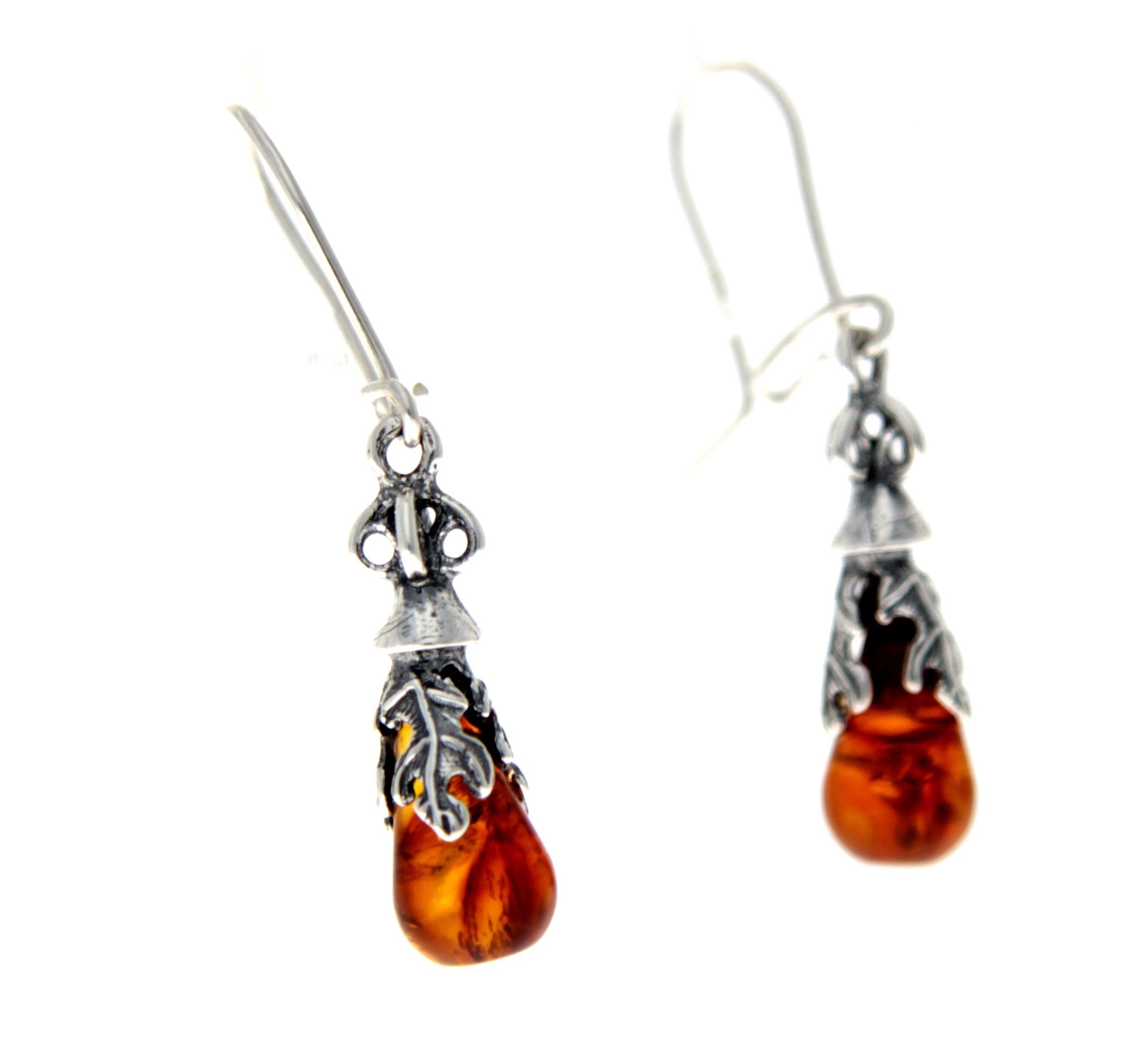 925 Sterling Silver & Genuine Baltic Amber Classic Teardrop Drop Earrings - GU003