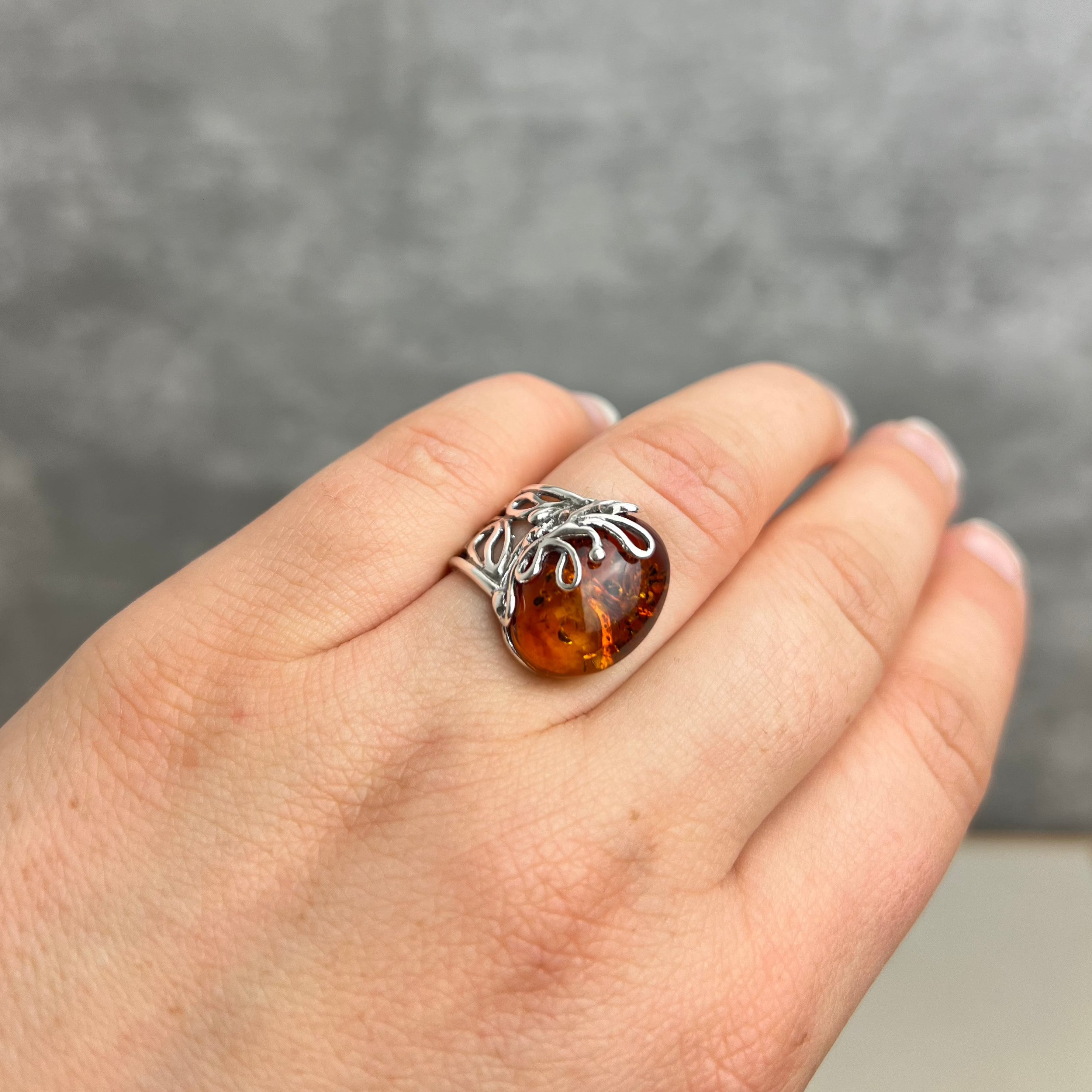 925 Sterling Silver & Genuine Baltic Amber Modern Adjustable Ring - 7602