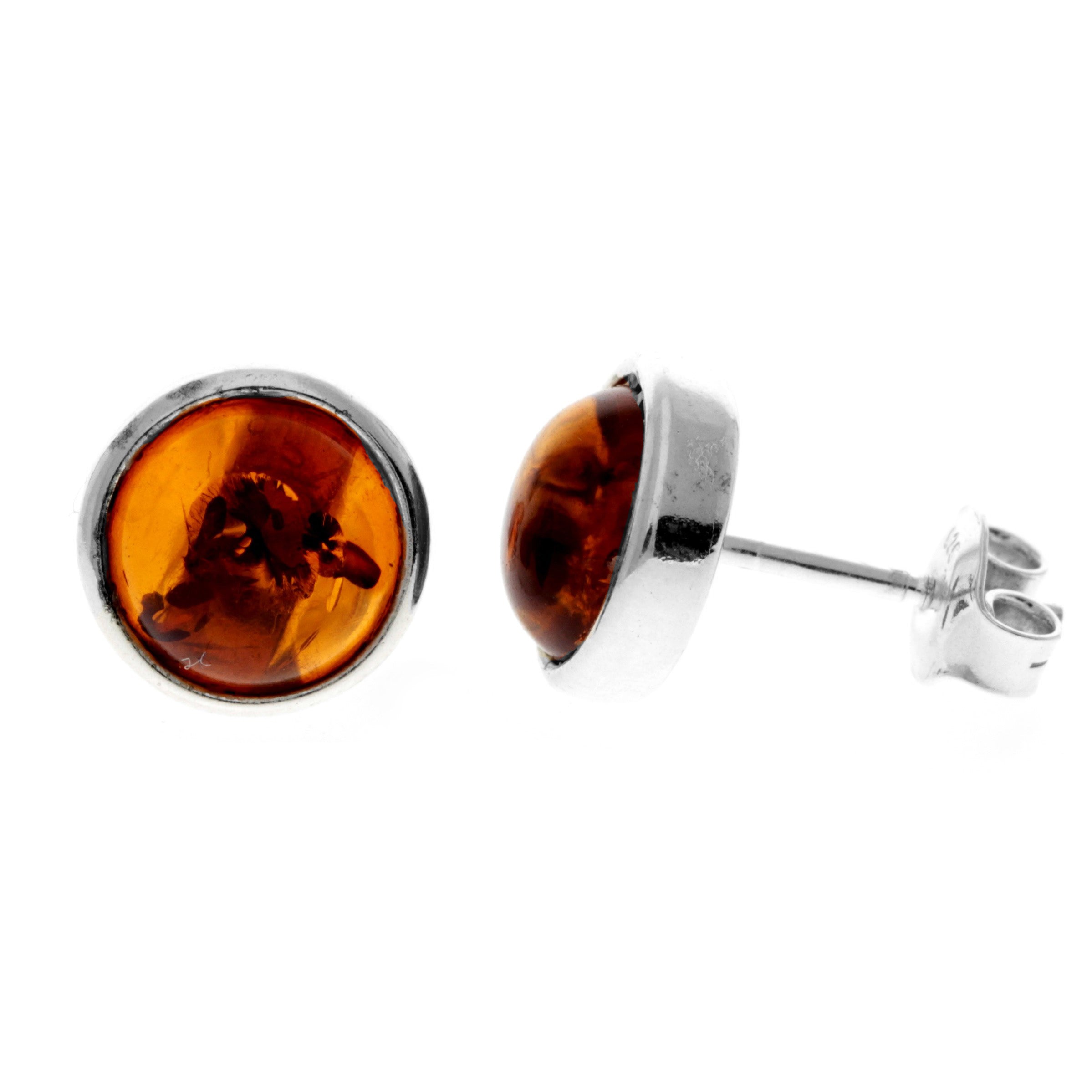 925 Sterling Silver & Genuine Baltic Amber Classic Round Studs Earrings - K007