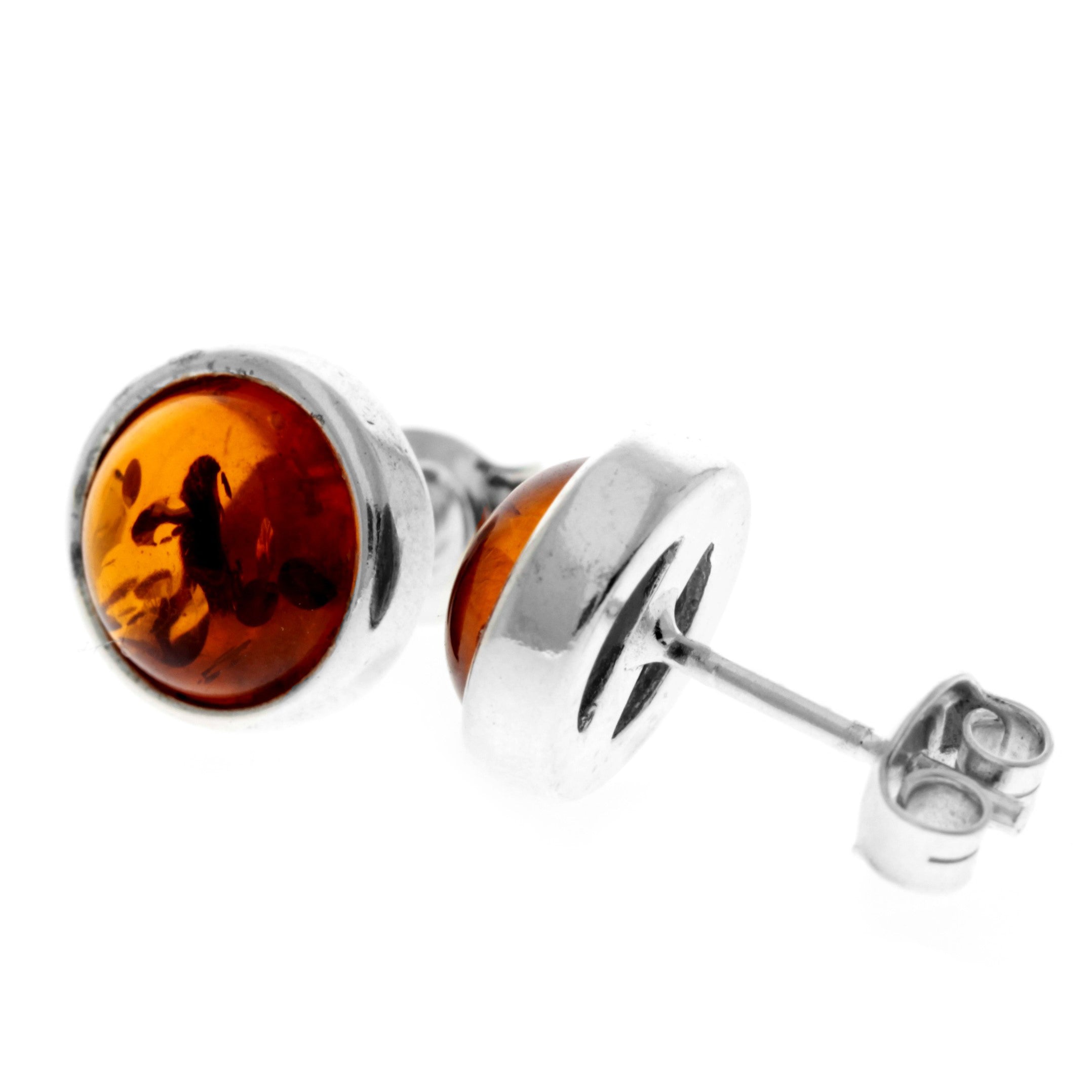 925 Sterling Silver & Genuine Baltic Amber Classic Round Studs Earrings - K007