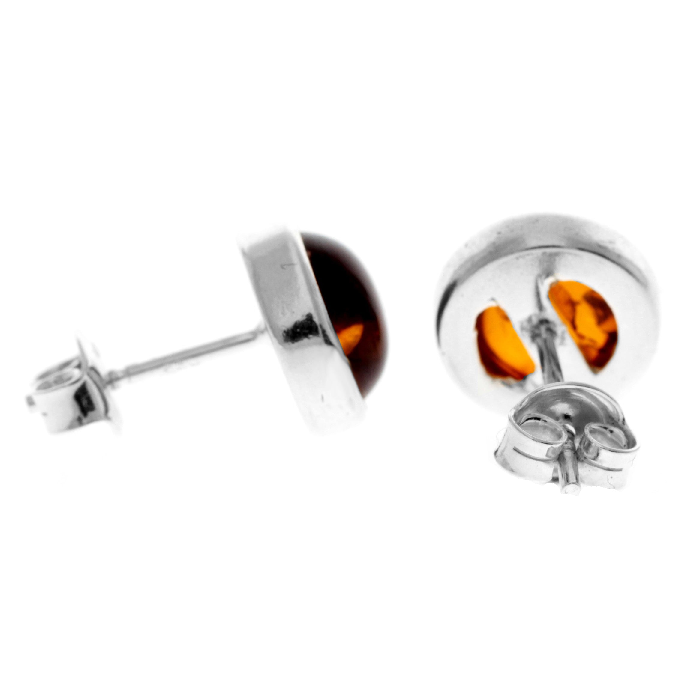 925 Sterling Silver & Genuine Baltic Amber Classic Round Studs Earrings - K007