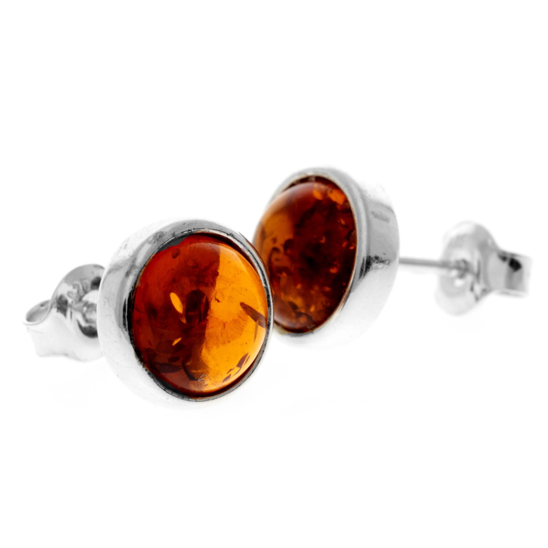 925 Sterling Silver & Genuine Baltic Amber Classic Round Studs Earrings - K007