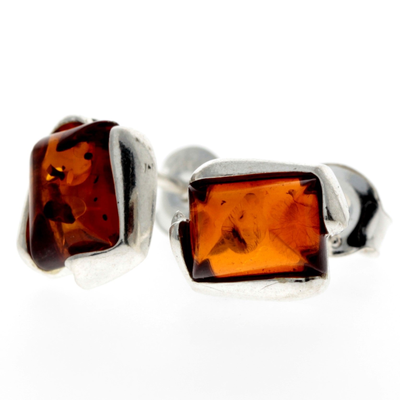 925 Sterling Silver & Genuine Baltic Amber Classic Rectangular Studs Earrings - K017