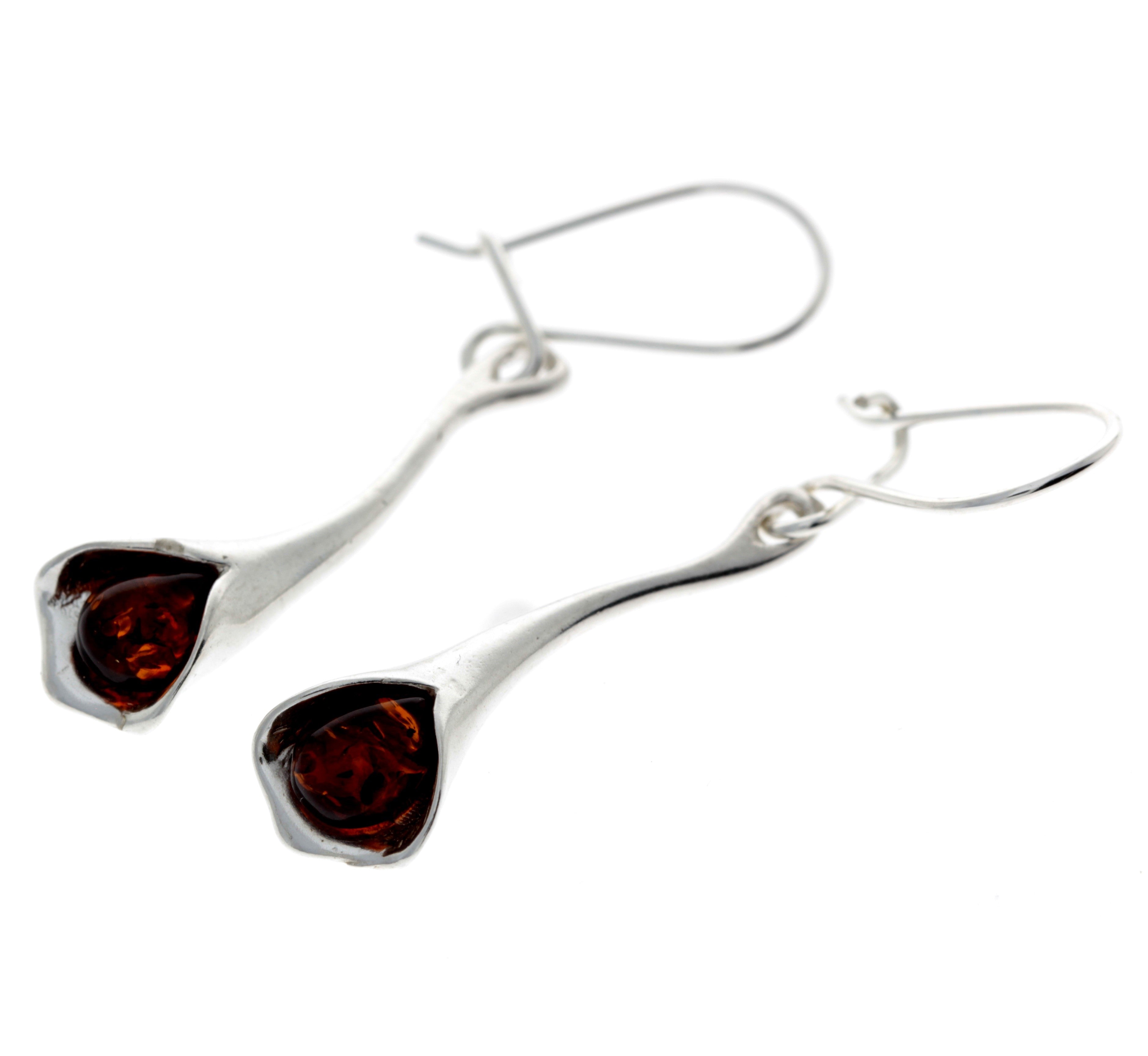 925 Sterling Silver & Genuine Baltic Amber Modern Drop Earrings - K048