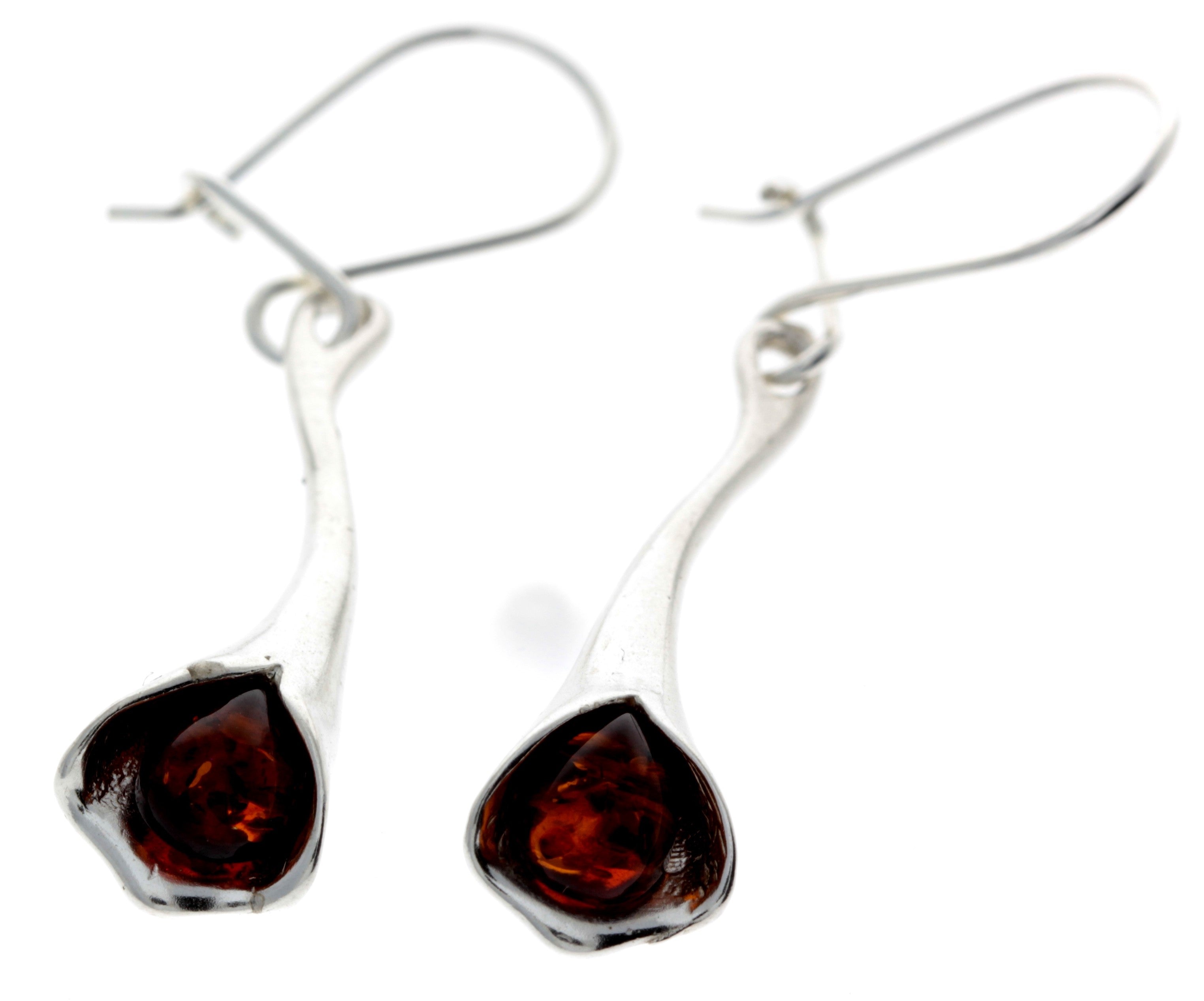 925 Sterling Silver & Genuine Baltic Amber Modern Drop Earrings - K048