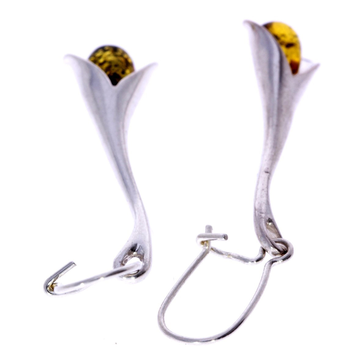 925 Sterling Silver & Genuine Baltic Amber Modern Drop Earrings - K048