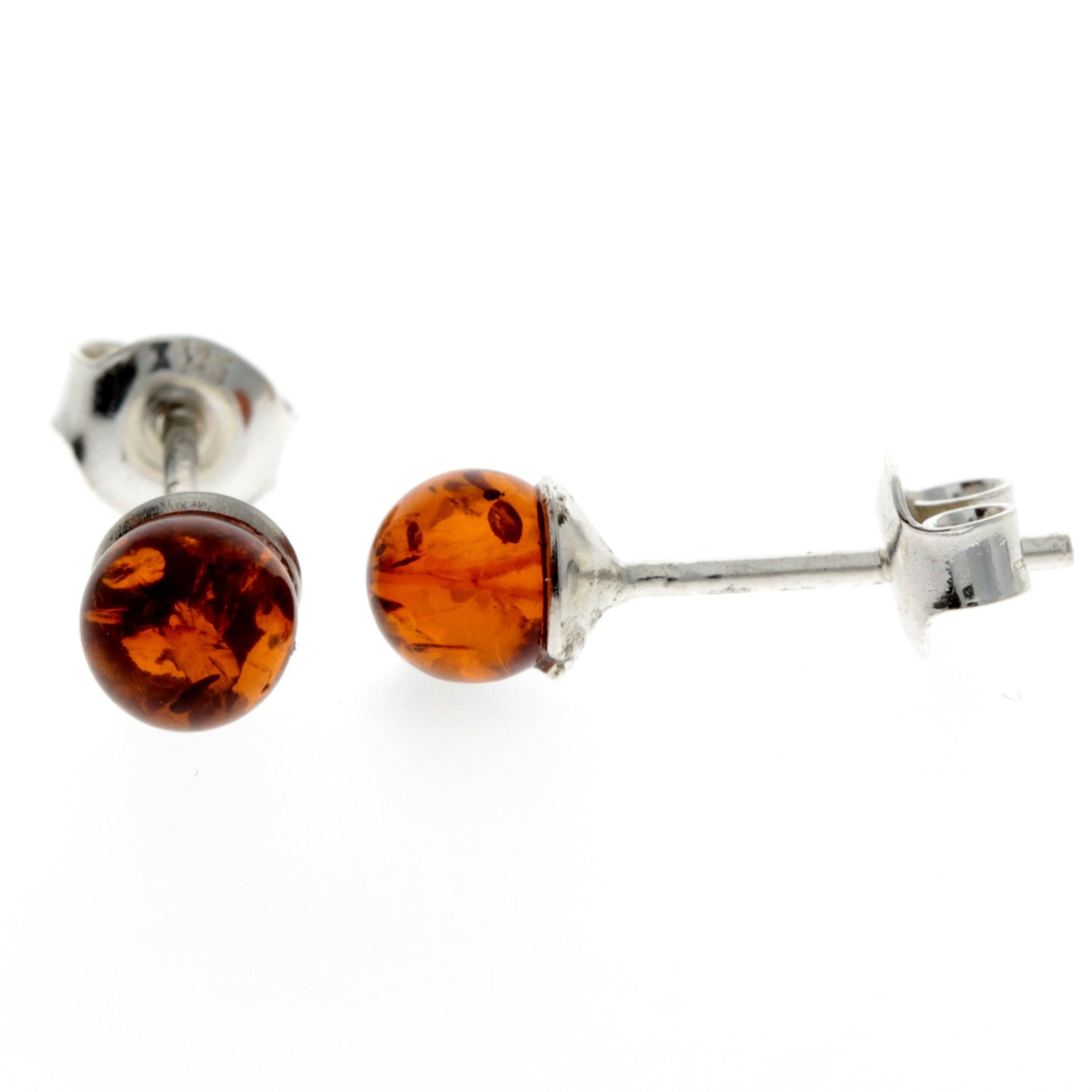 925 Sterling Silver & Genuine Baltic Amber Classic Ball Studs Earrings