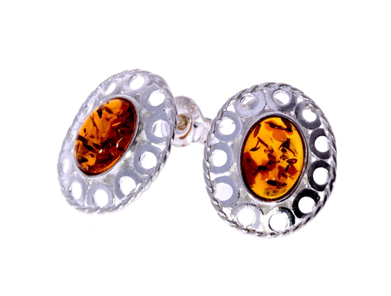 925 Sterling Silver & Genuine Baltic Amber Classic Oval Studs Earrings - K172