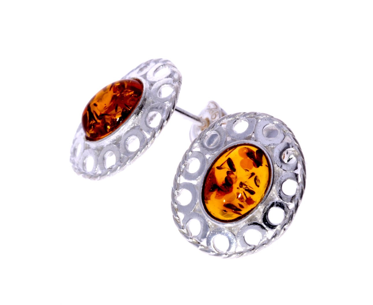 925 Sterling Silver & Genuine Baltic Amber Classic Oval Studs Earrings - K172