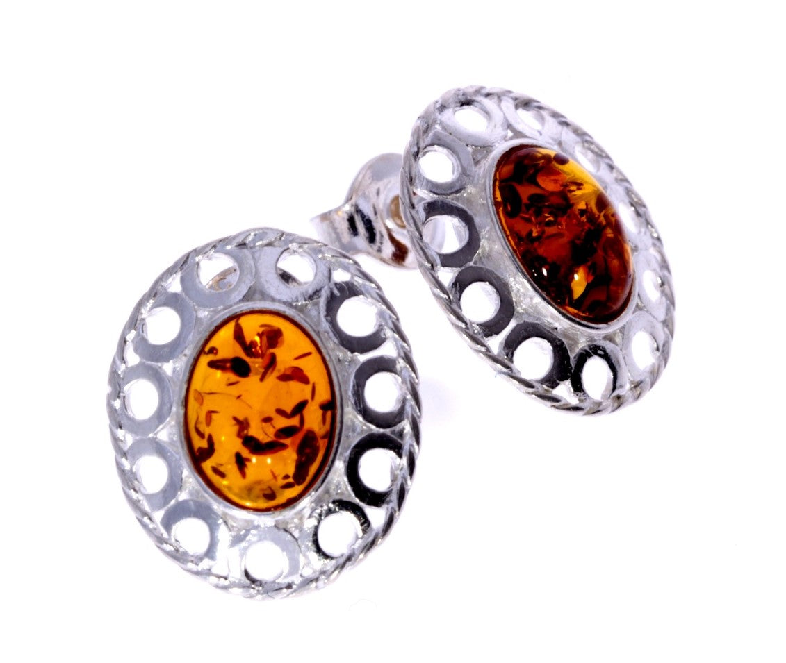 925 Sterling Silver & Genuine Baltic Amber Classic Oval Studs Earrings - K172