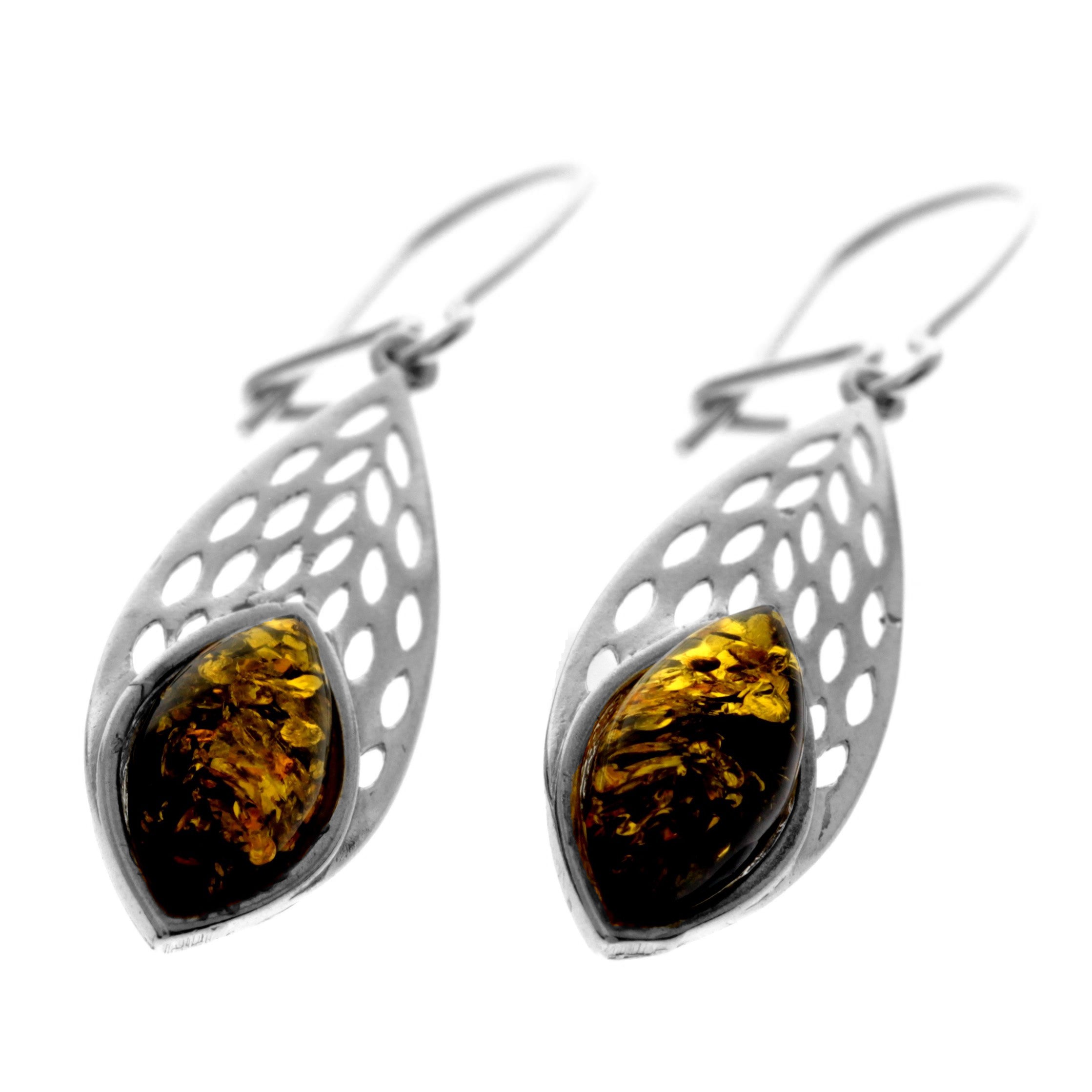 925 Sterling Silver & Baltic Amber Oval Drop Wire Earrings - K174G