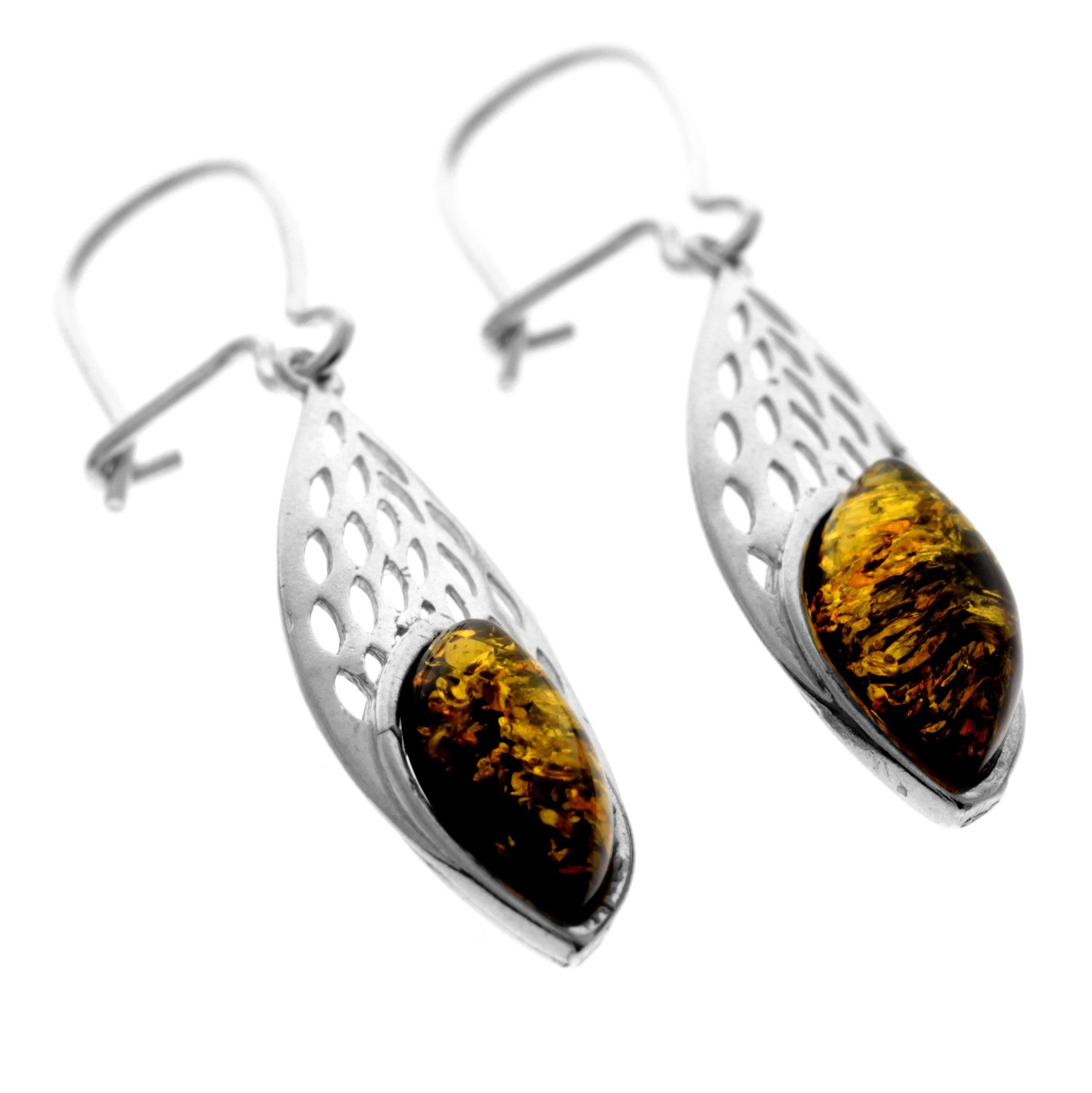 925 Sterling Silver & Baltic Amber Oval Drop Wire Earrings - K174G