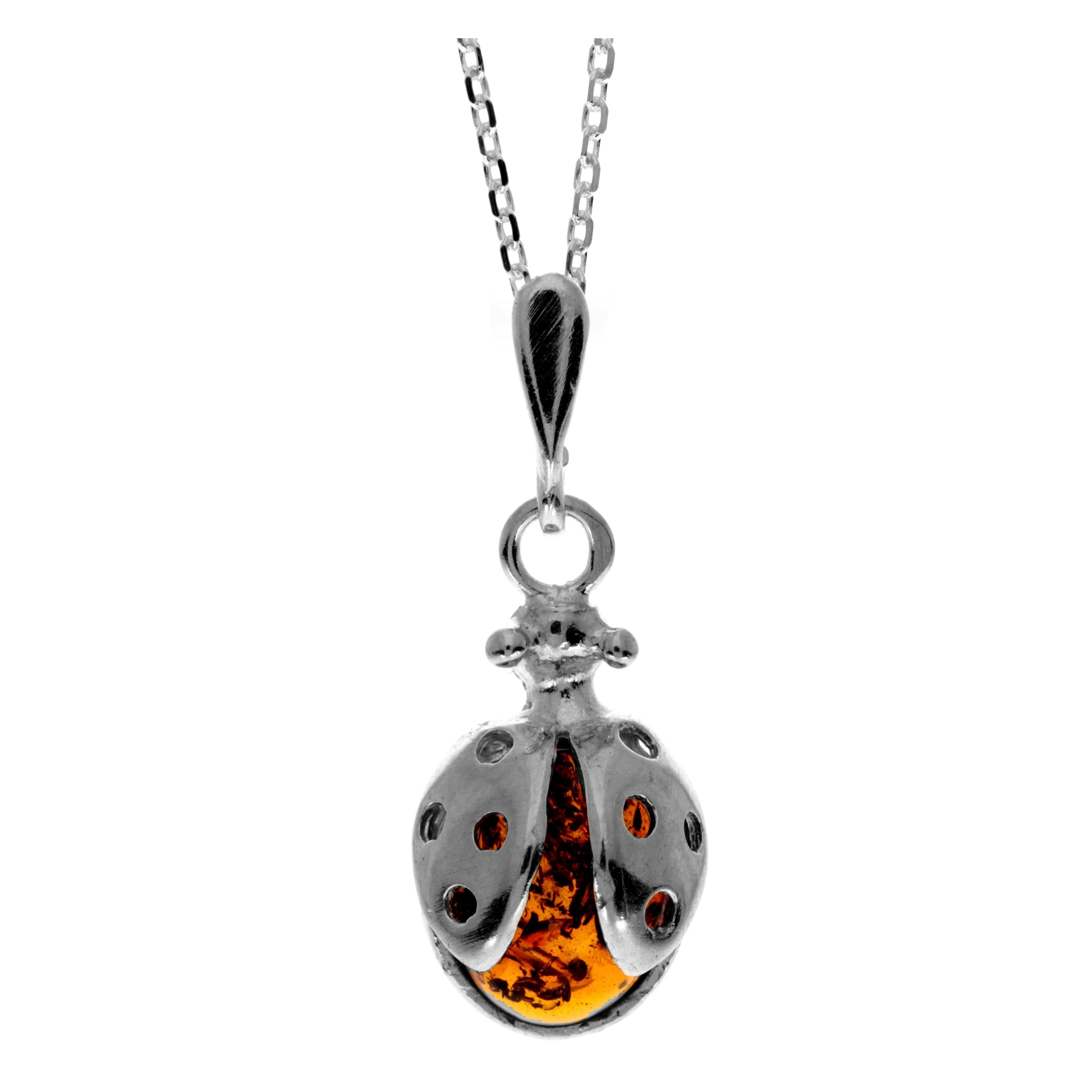 925 Sterling Silver & Genuine Baltic Amber Cute Ladybird Pendant- K226