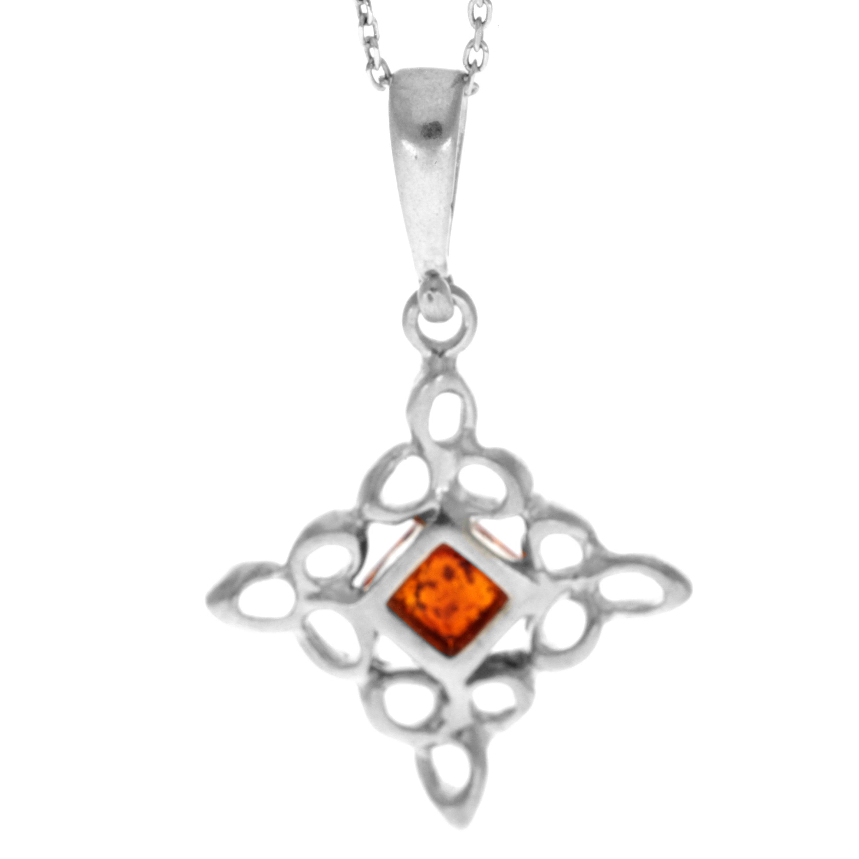 925 Sterling Silver & Genuine Baltic Amber Modern Cross Pendant - K236