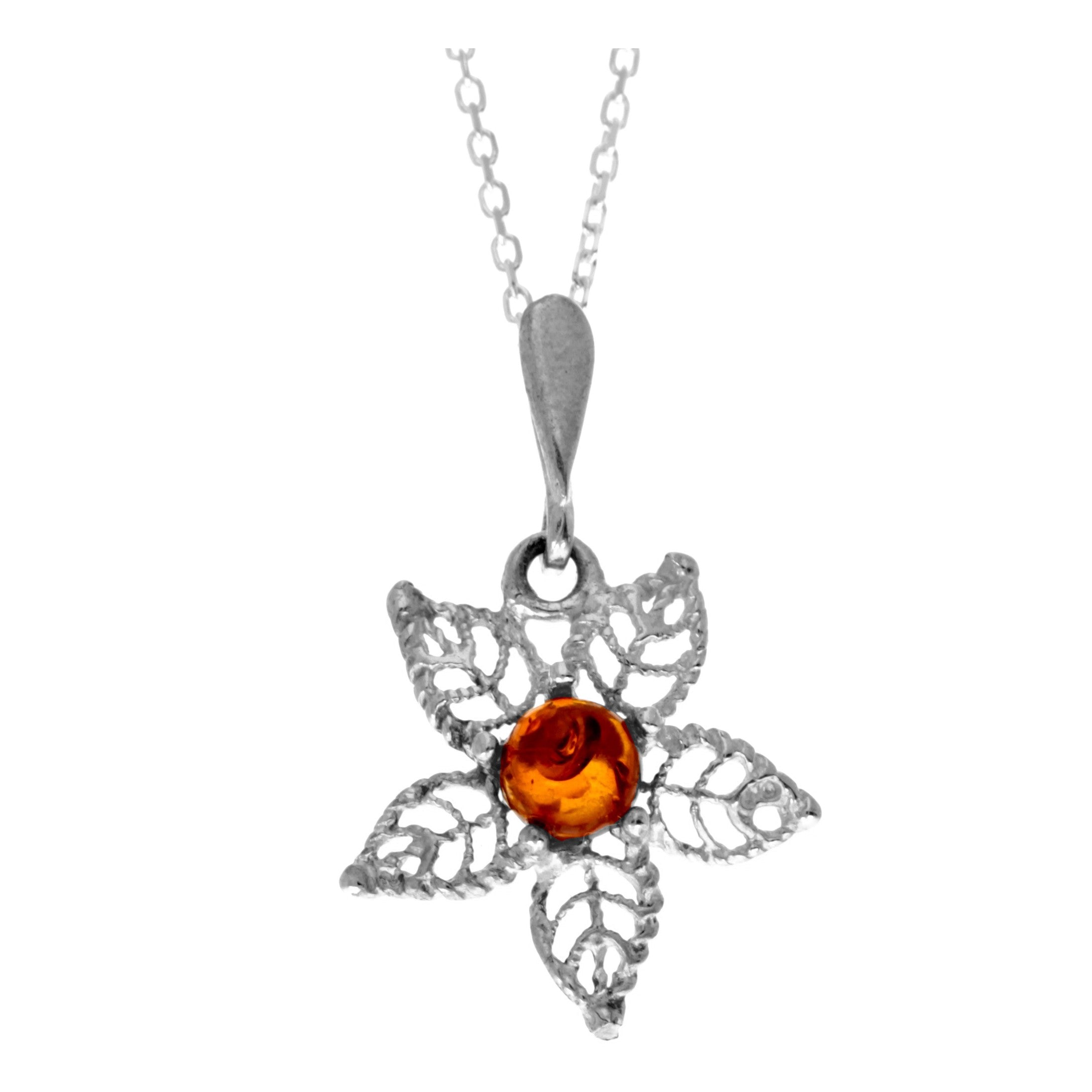 925 Sterling Silver & Genuine Baltic Amber Modern Flower Pendant- K268