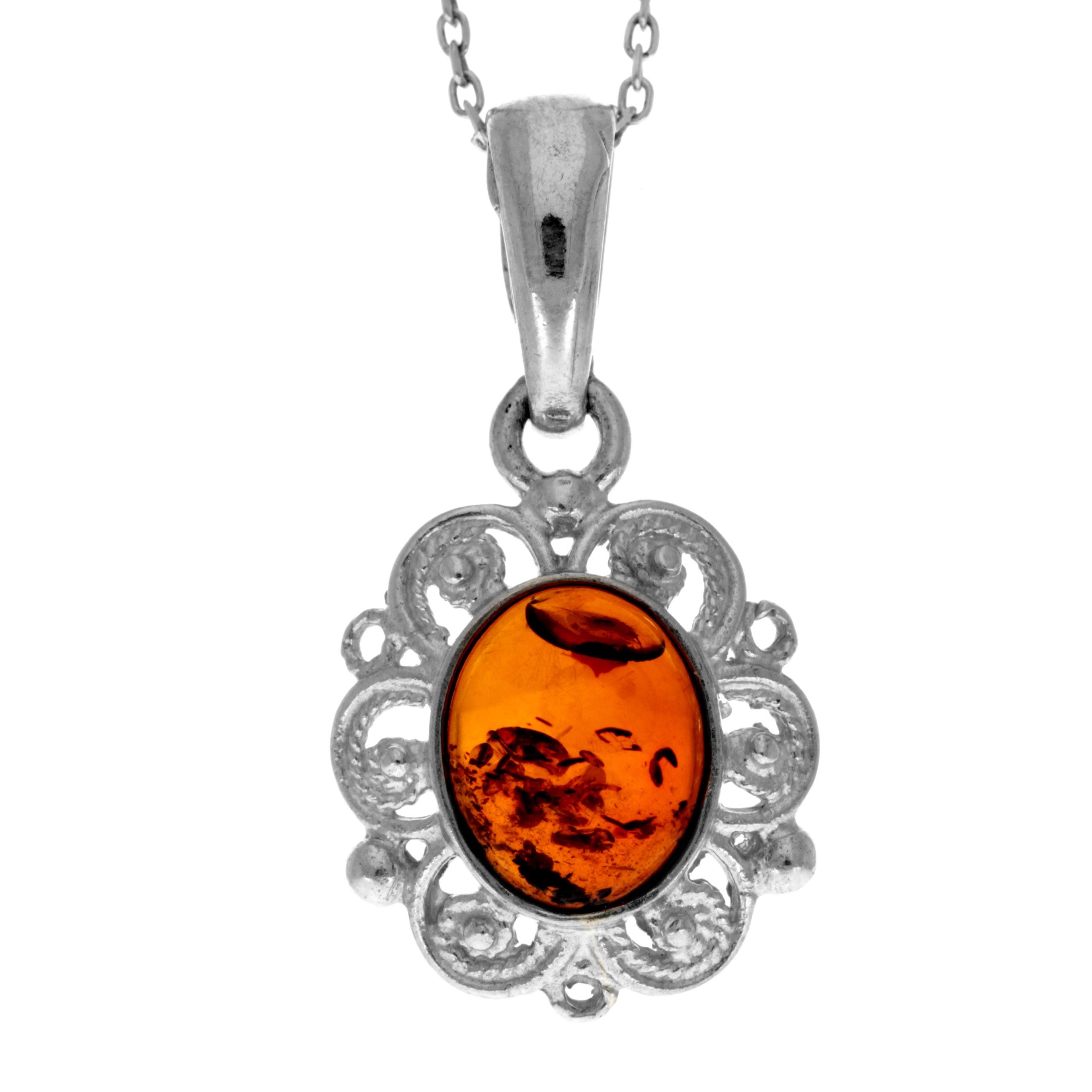 925 Sterling Silver & Genuine Baltic Amber Classic Oval Pendant - K271