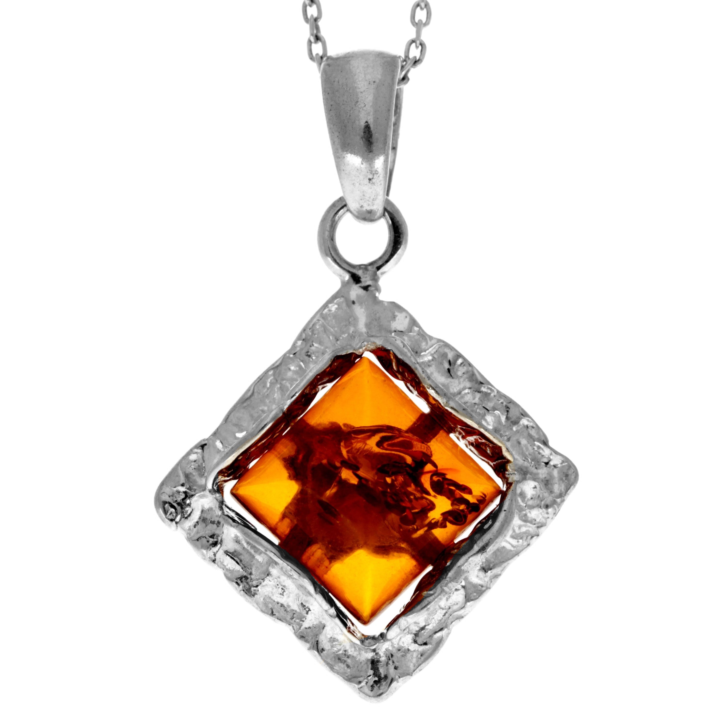 925 Sterling Silver & Genuine Baltic Amber Classic Square Pendant - K273