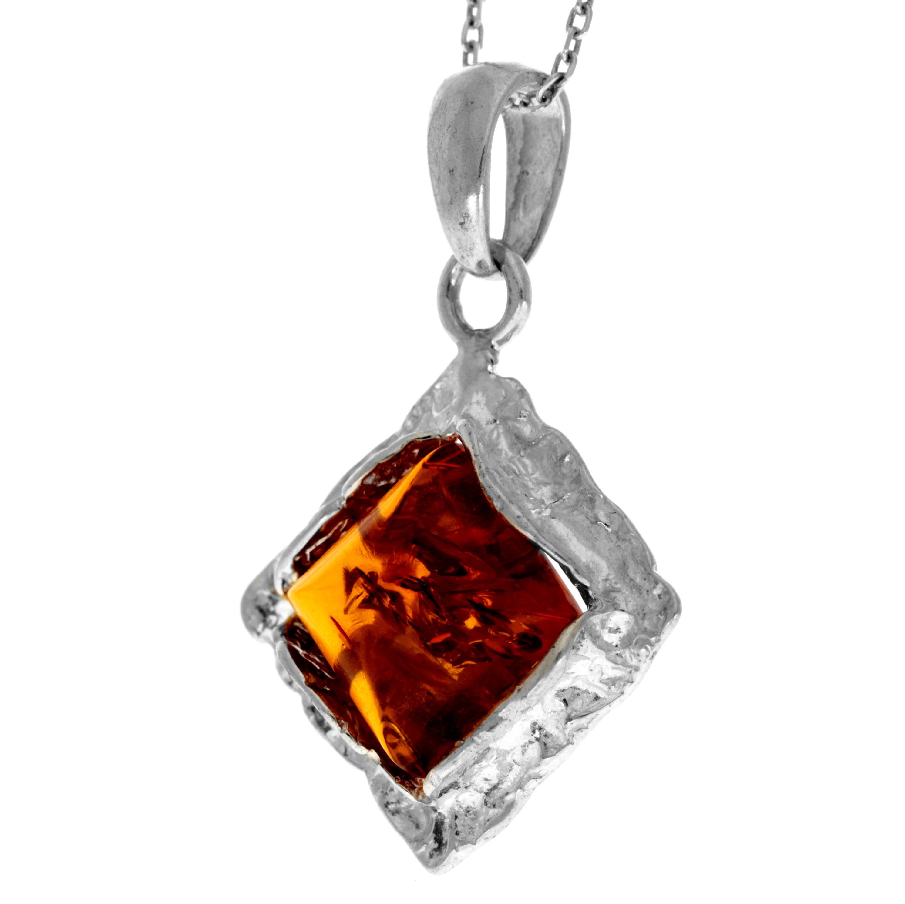 925 Sterling Silver & Genuine Baltic Amber Classic Square Pendant - K273