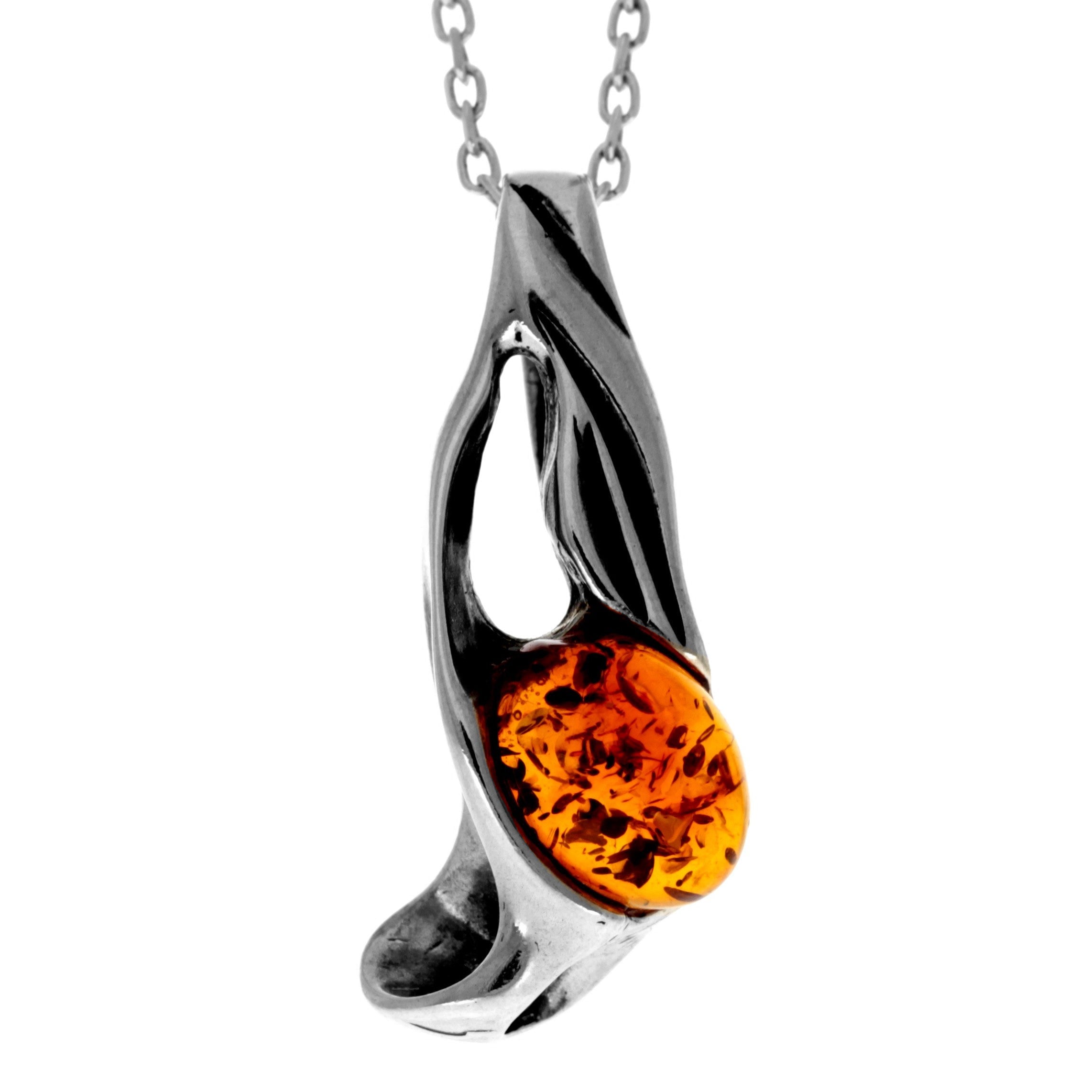 925 Sterling Silver & Genuine Baltic Amber Modern Pendant - K275