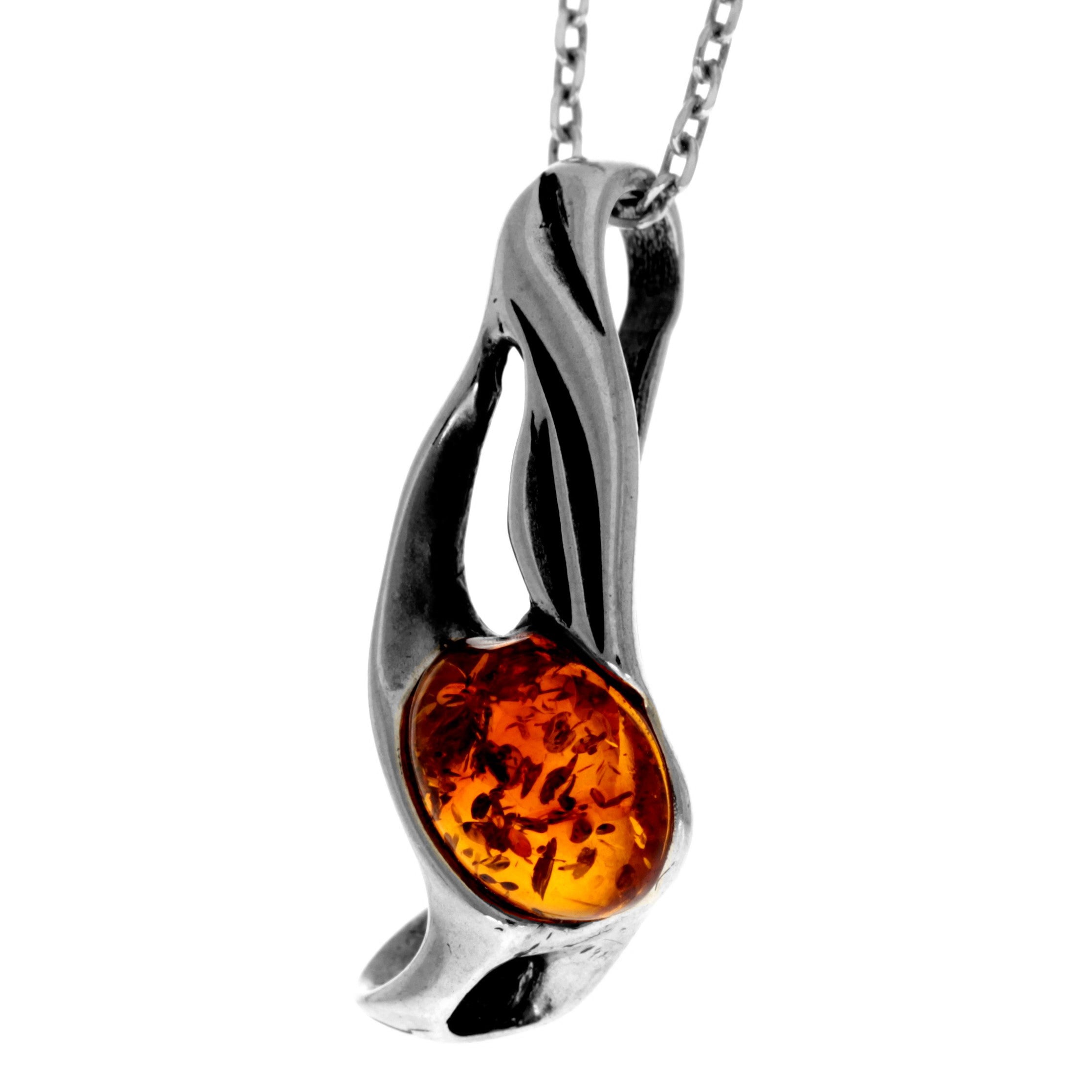 925 Sterling Silver & Genuine Baltic Amber Modern Pendant - K275