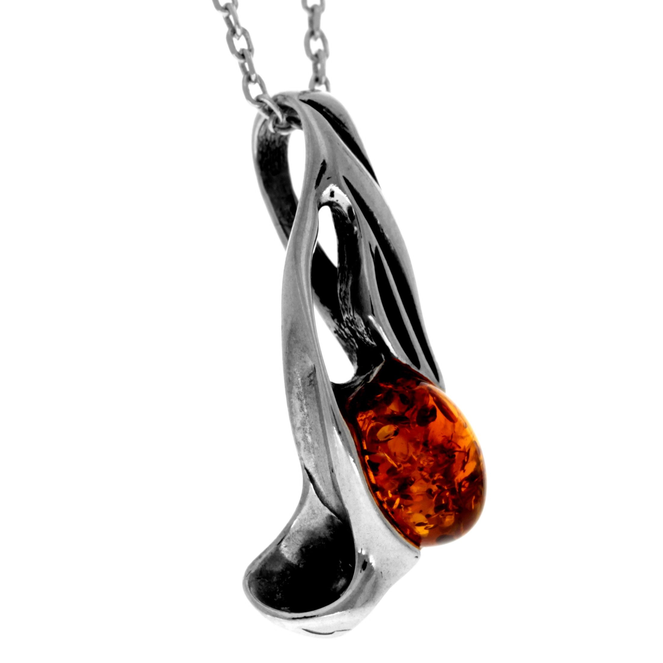 925 Sterling Silver & Genuine Baltic Amber Modern Pendant - K275