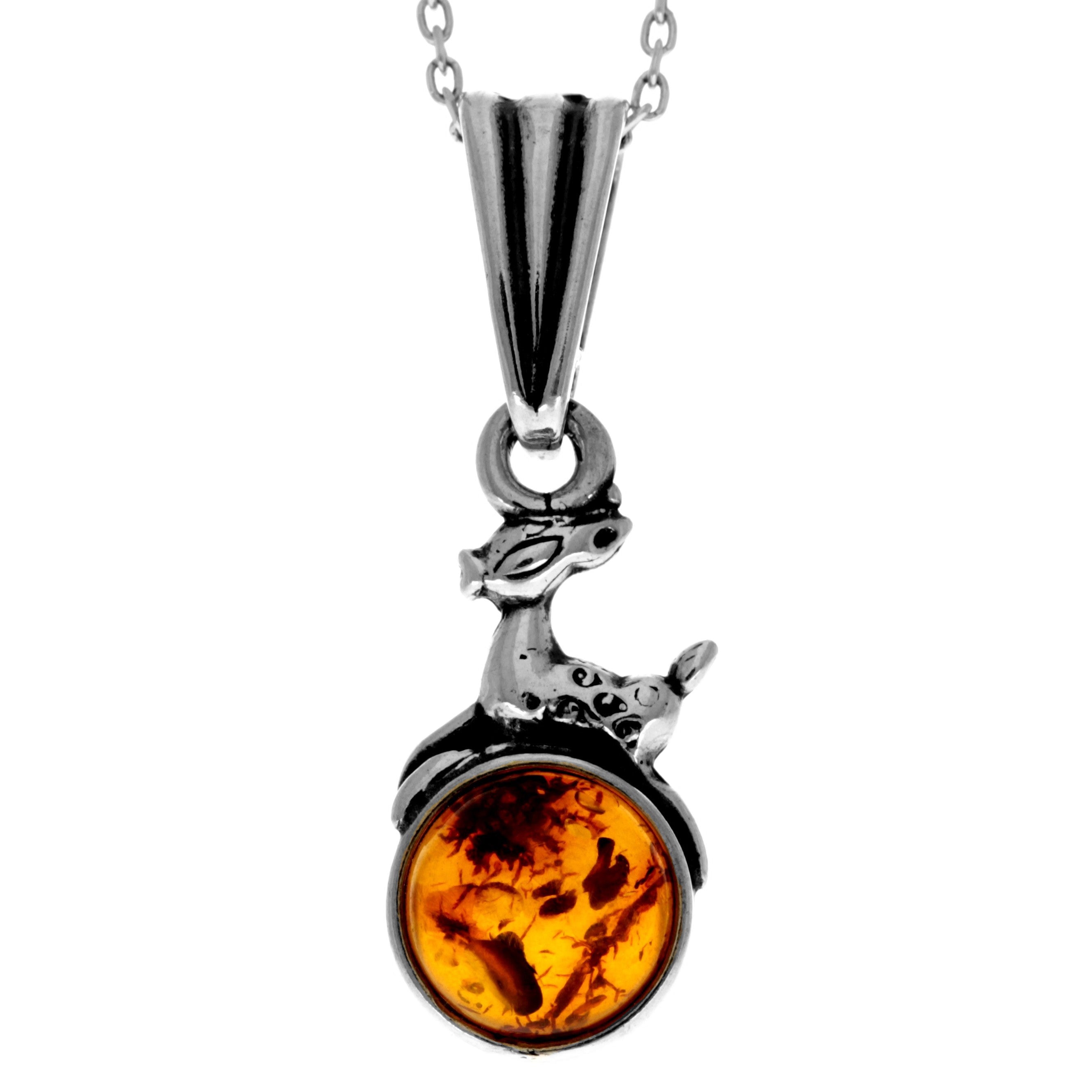 925 Sterling Silver & Genuine Baltic Amber Classic Fawn Pendant - K333