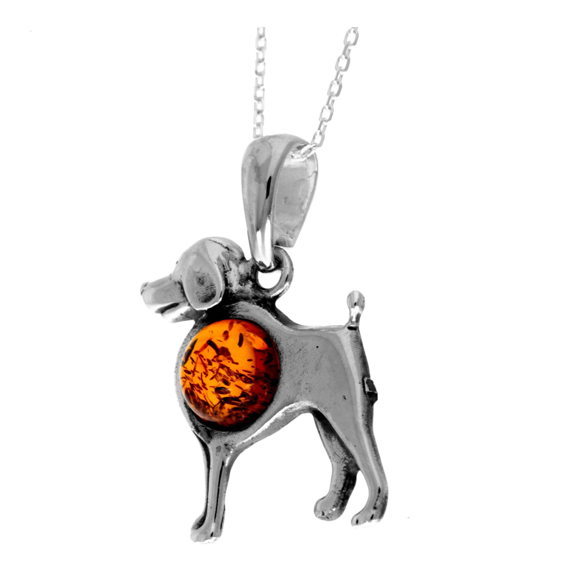 925 Steling Silver & Genuine Baltic Amber Dog Pendant K358C