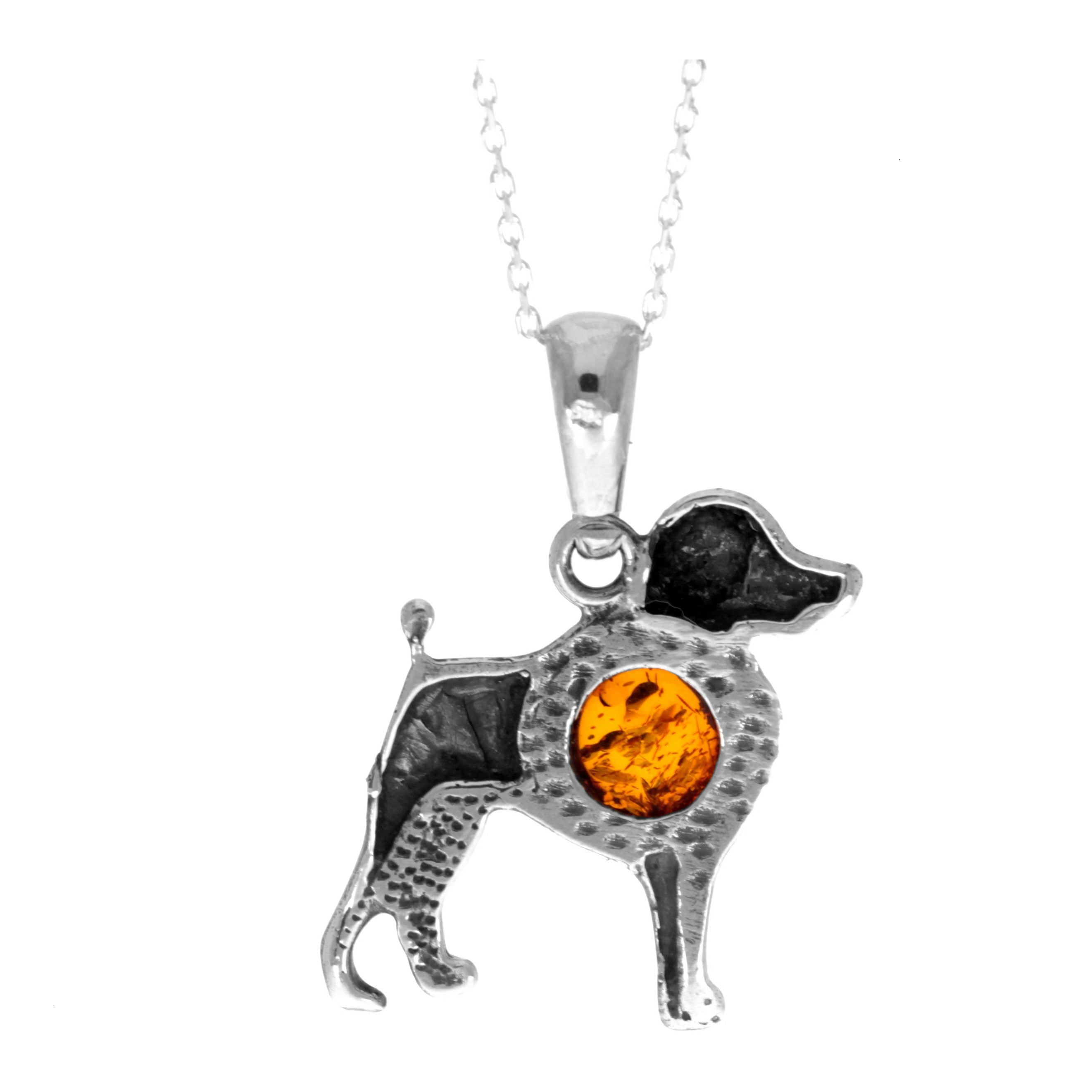 925 Steling Silver & Genuine Baltic Amber Dog Pendant K358C