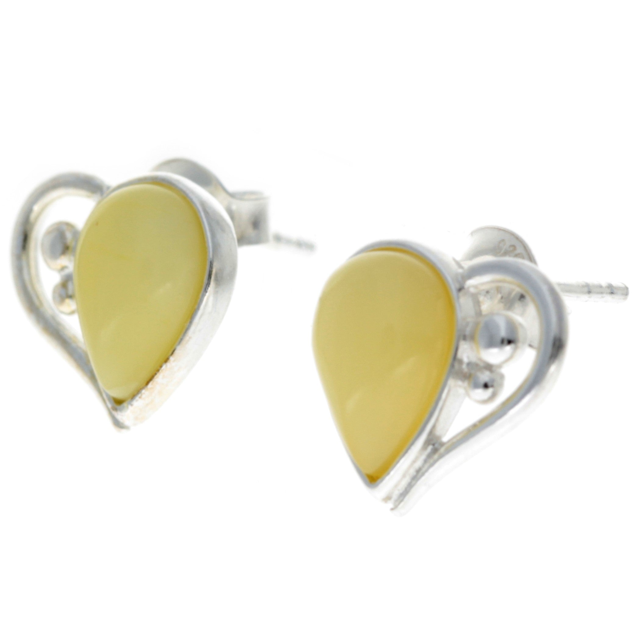 925 Sterling Silver & Baltic Amber Heart Studs Earrings - M194