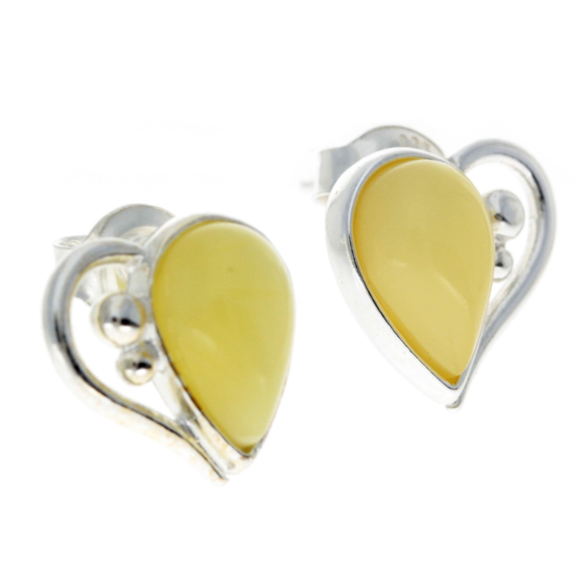 925 Sterling Silver & Baltic Amber Heart Studs Earrings - M194