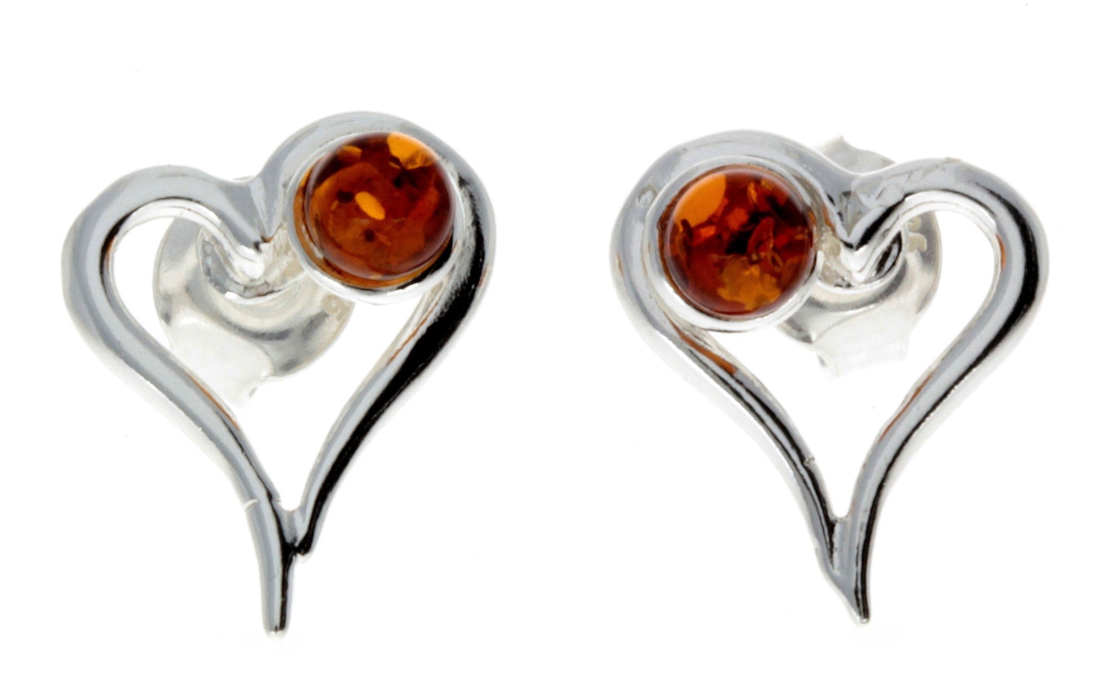 925 Sterling Silver & Genuine Baltic Amber Heart Studs Earrings - M196