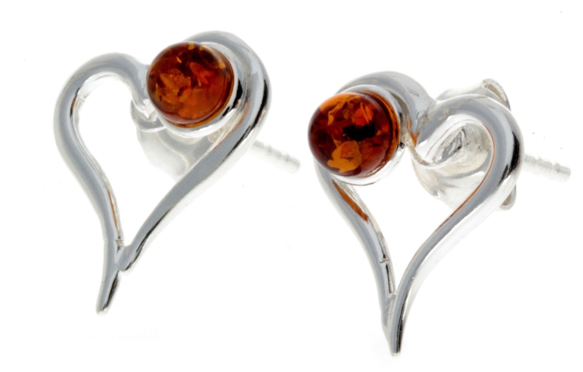 925 Sterling Silver & Genuine Baltic Amber Heart Studs Earrings - M196