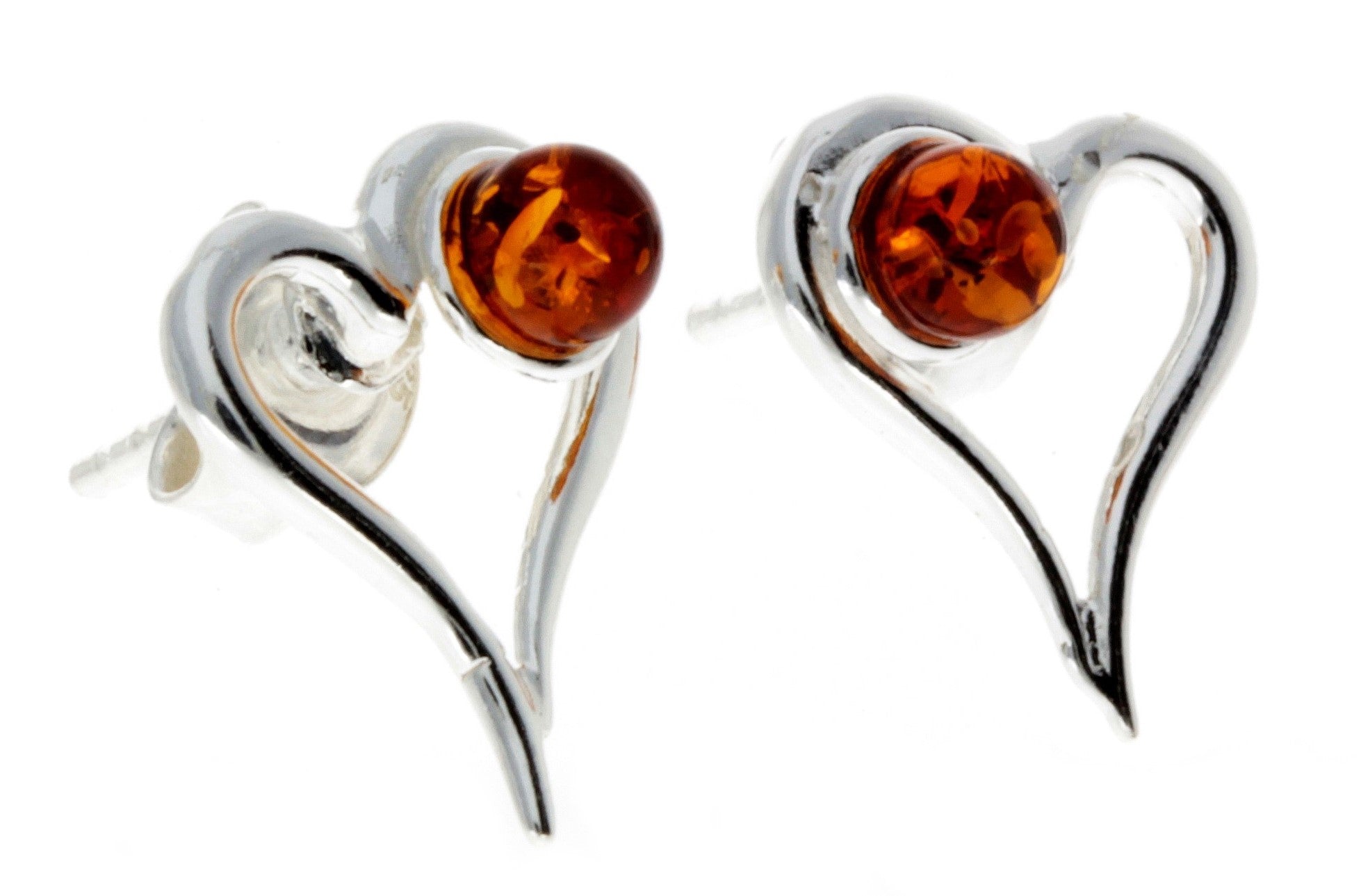 925 Sterling Silver & Genuine Baltic Amber Heart Studs Earrings - M196