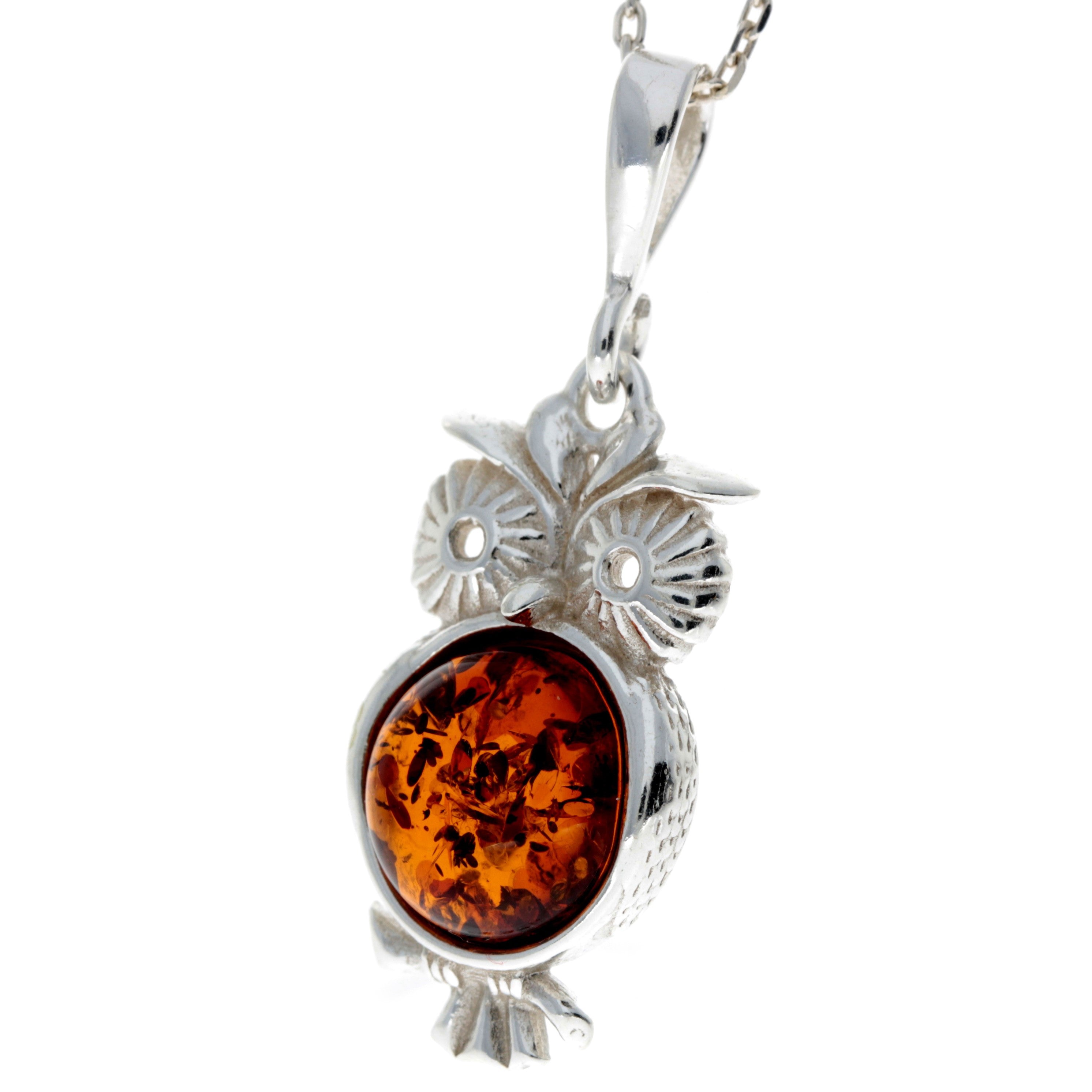 925 Sterling Silver & Genuine Baltic Amber Owl Pendant - M393