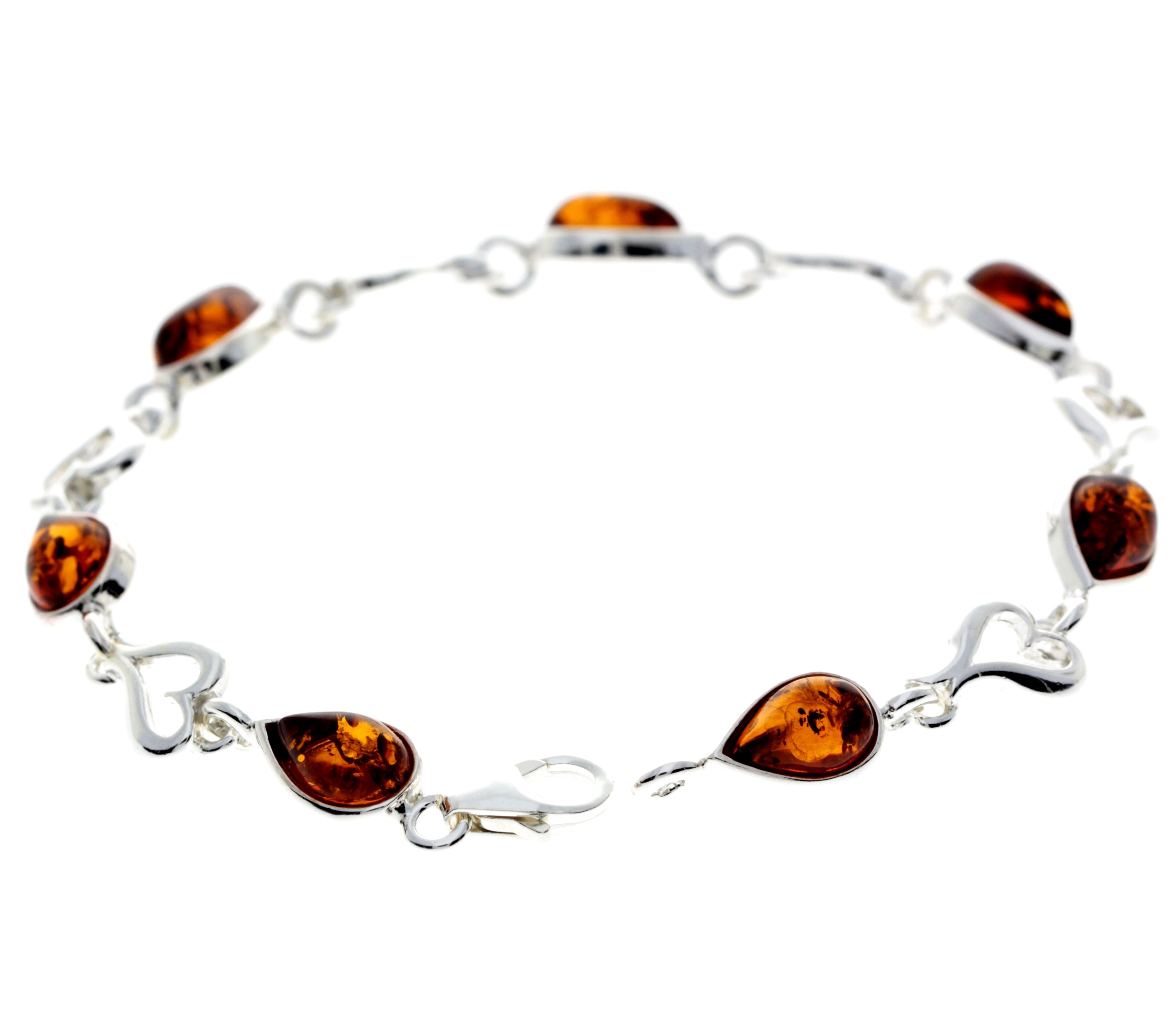 925 Sterling Silver & Genuine Baltic Amber Classic Link Hearts Bracelet - M519