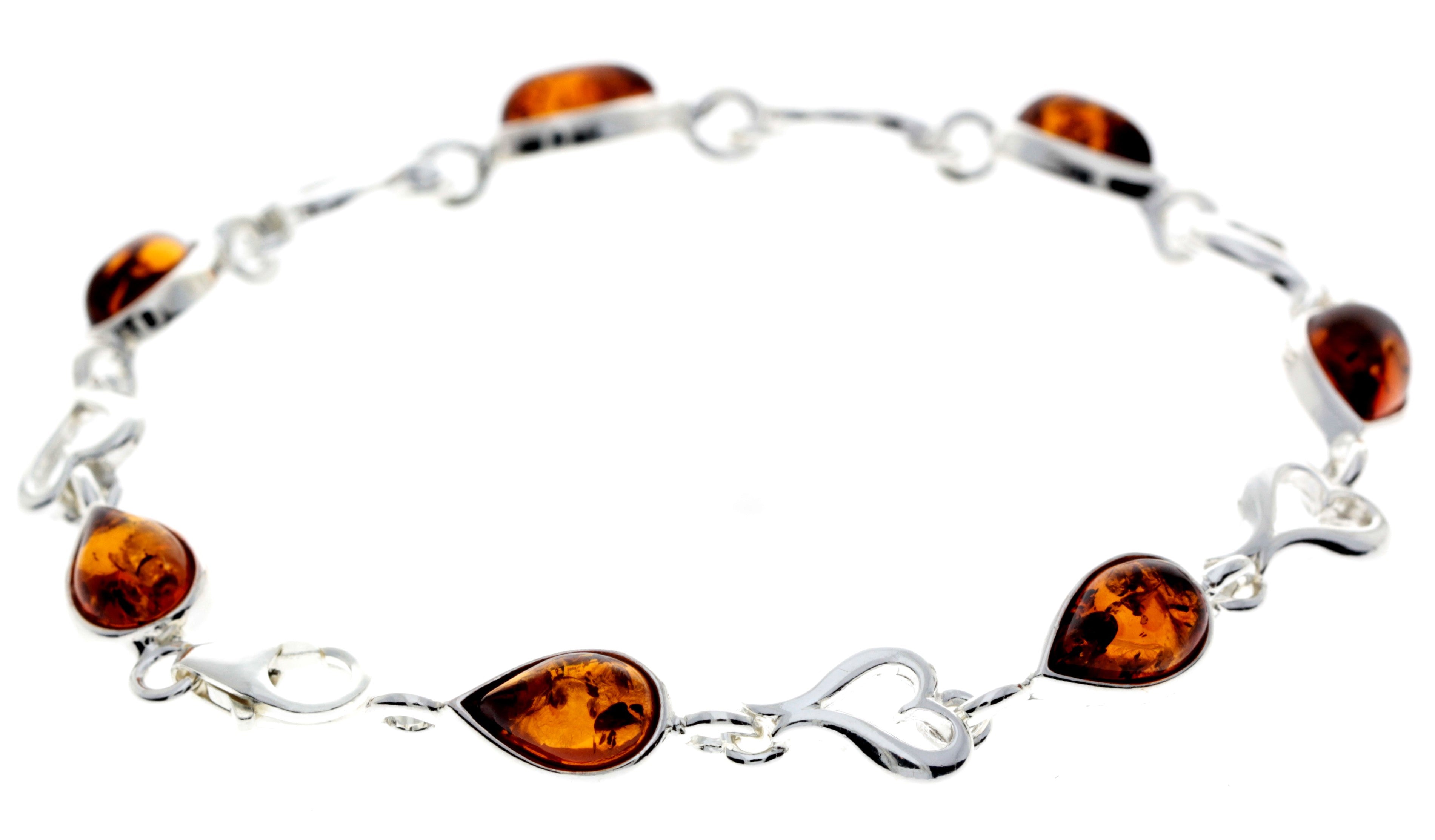 925 Sterling Silver & Genuine Baltic Amber Classic Link Hearts Bracelet - M519