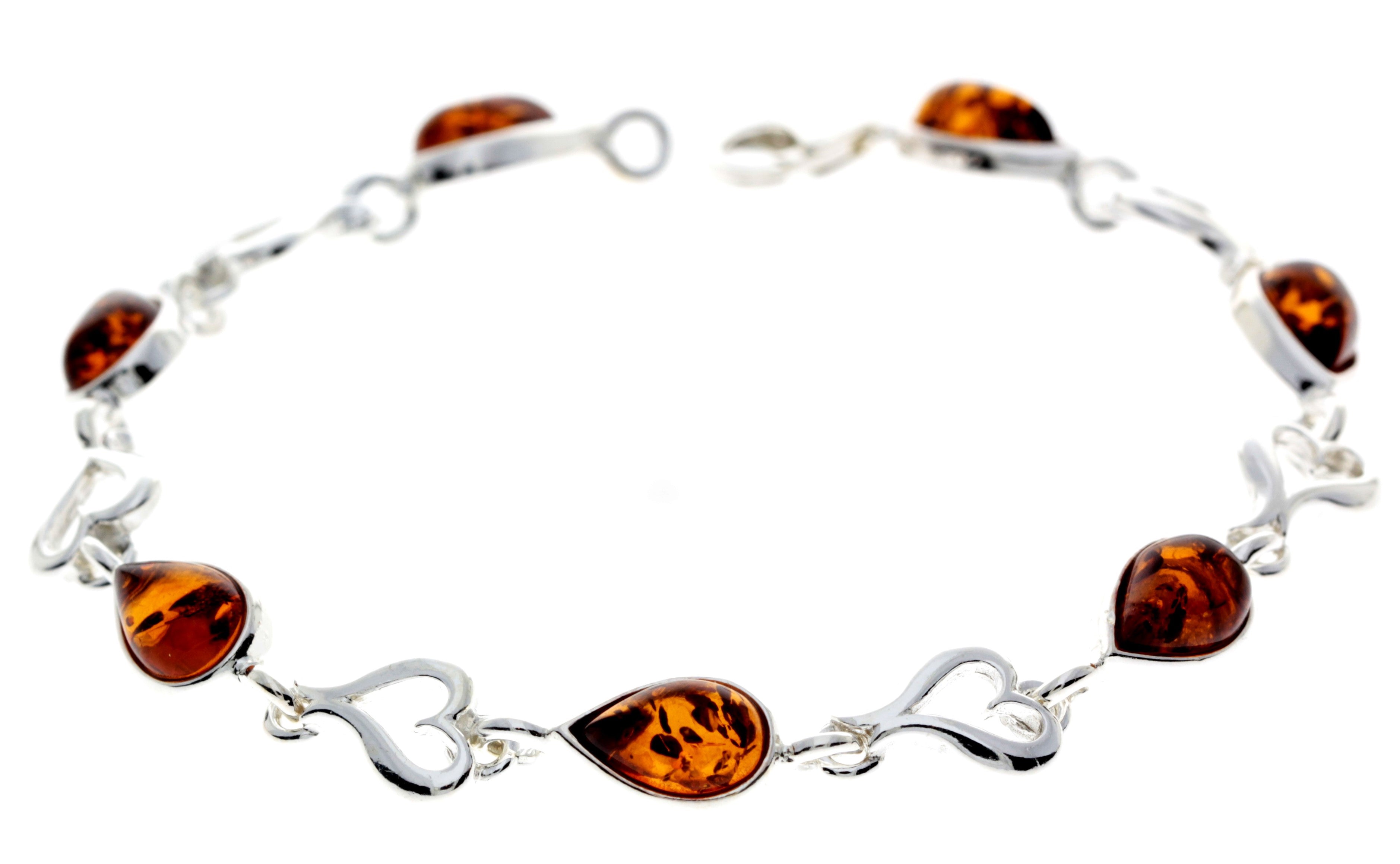 925 Sterling Silver & Genuine Baltic Amber Classic Link Hearts Bracelet - M519