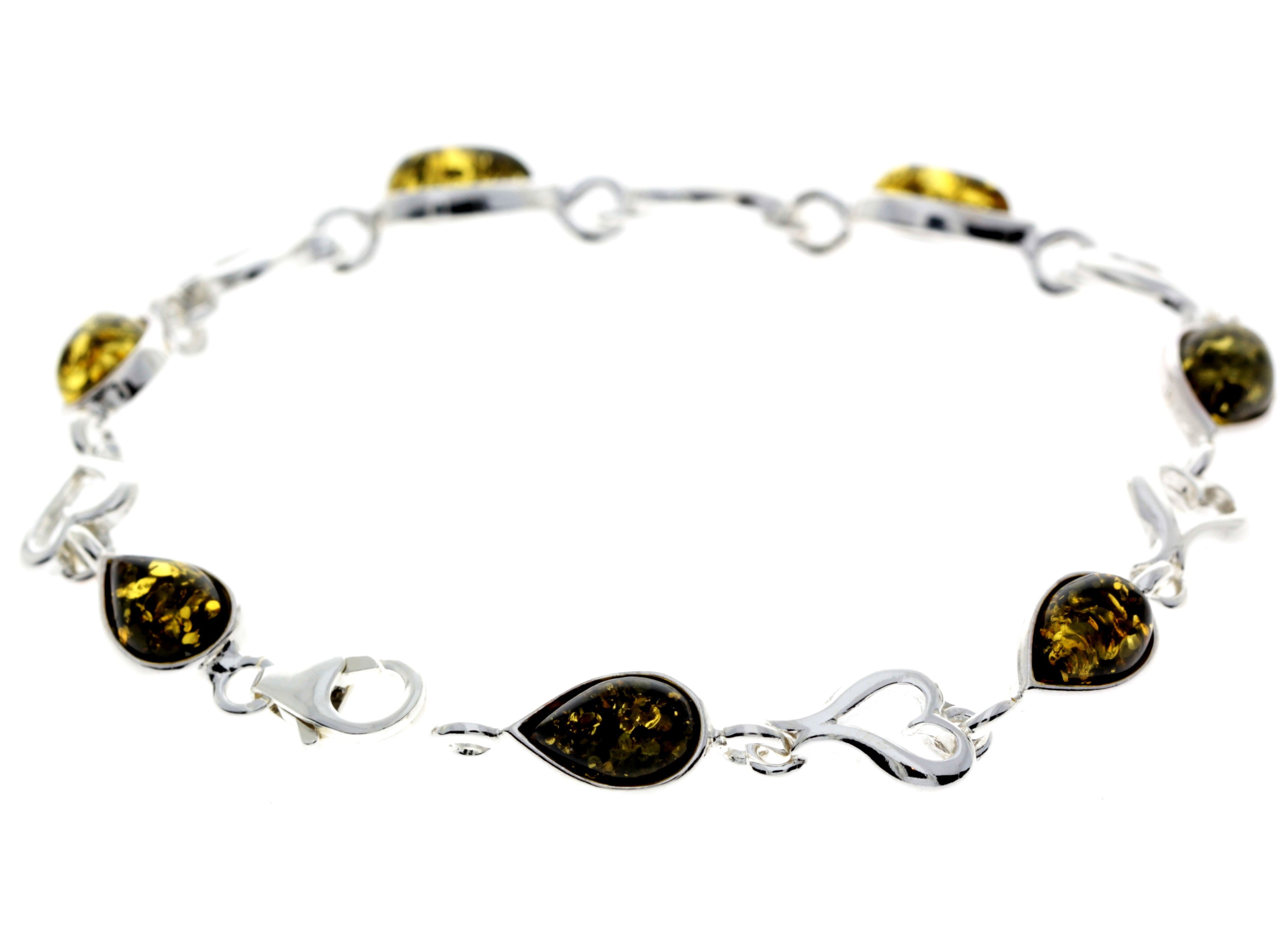 925 Sterling Silver & Genuine Baltic Amber Classic Link Hearts Bracelet - M519