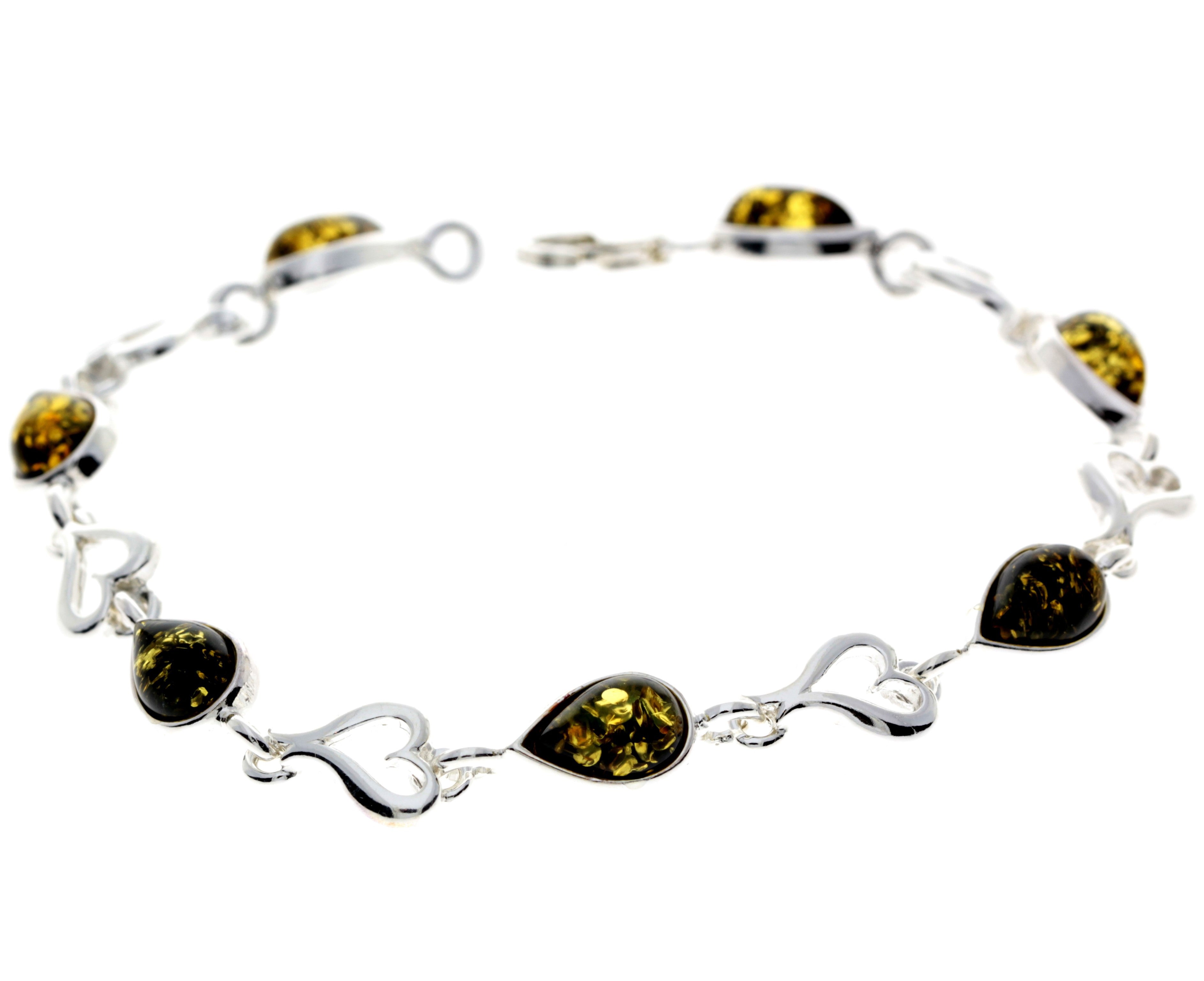 925 Sterling Silver & Genuine Baltic Amber Classic Link Hearts Bracelet - M519