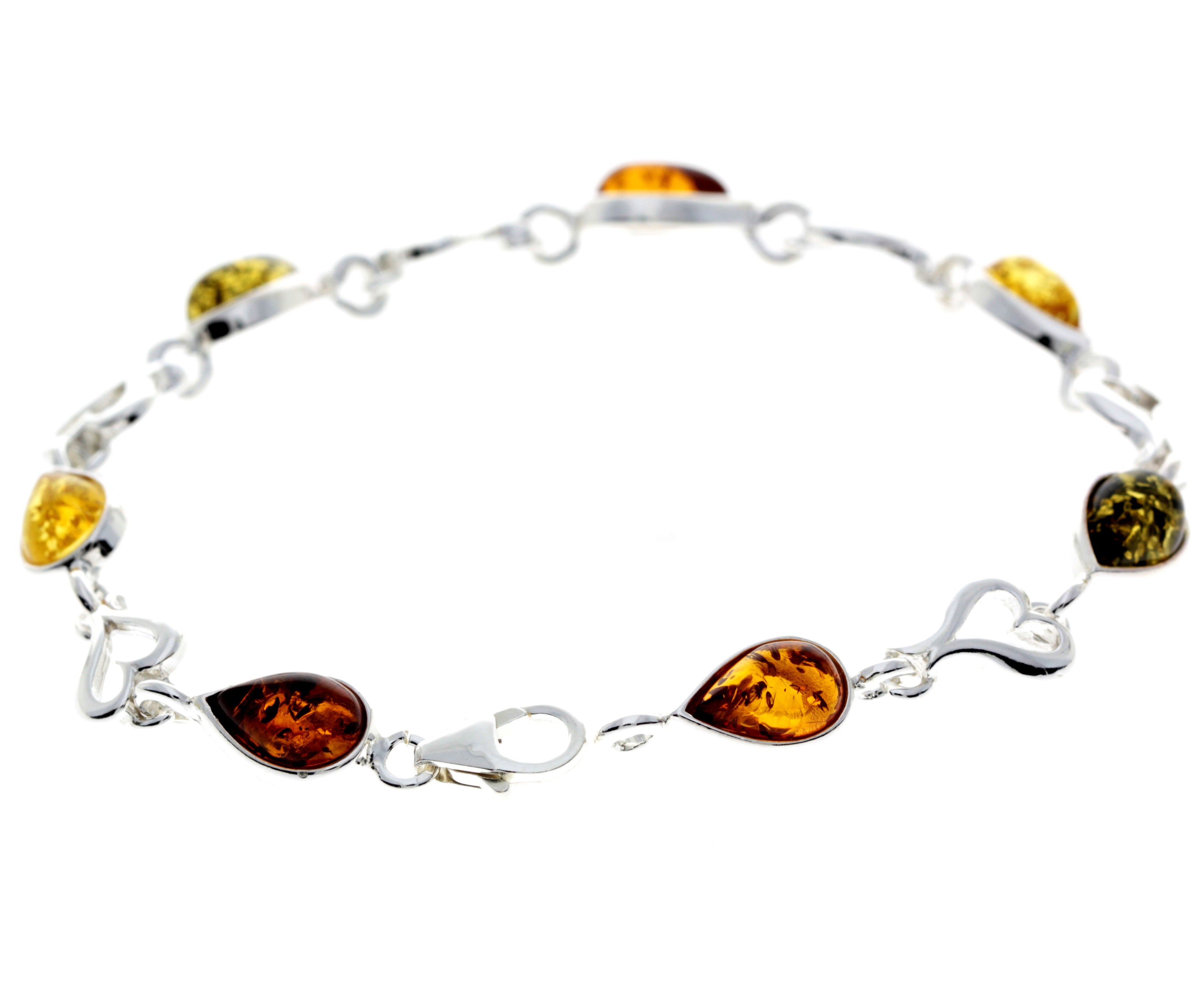 925 Sterling Silver & Genuine Baltic Amber Classic Link Hearts Bracelet - M519