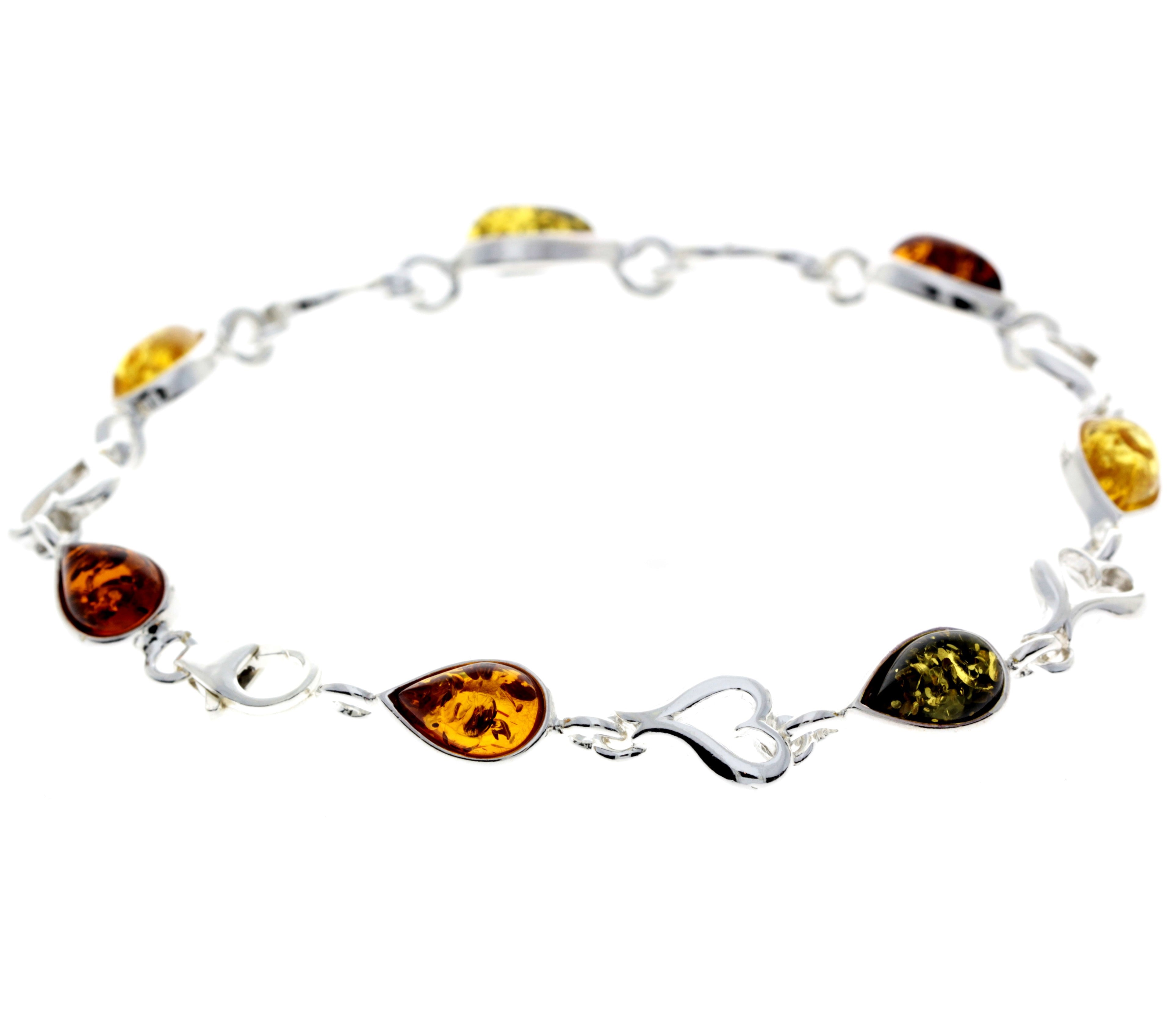 925 Sterling Silver & Genuine Baltic Amber Classic Link Hearts Bracelet - M519